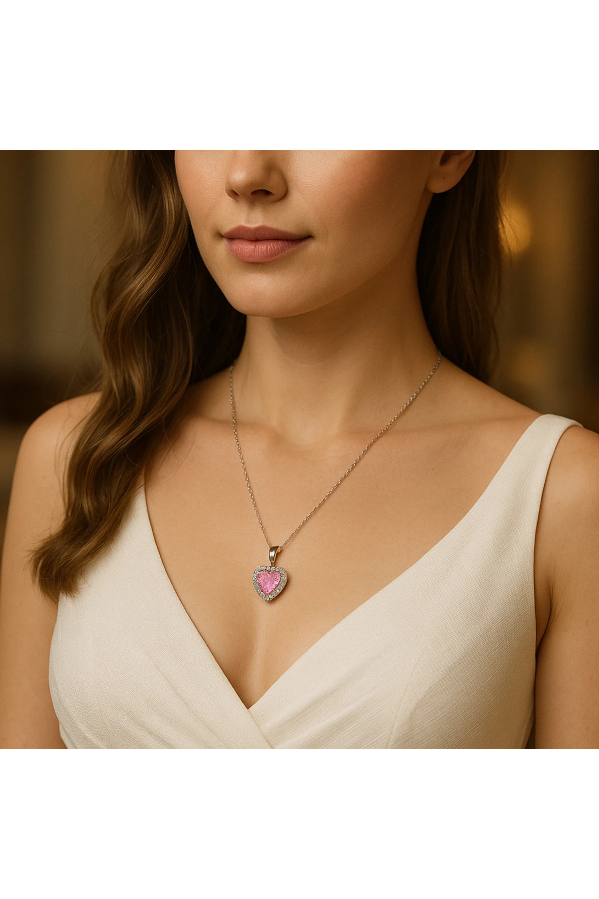 Gümüş Renk Çelik Kalpli Kolye – Pembe Zirkon Taşlı Zarif Model