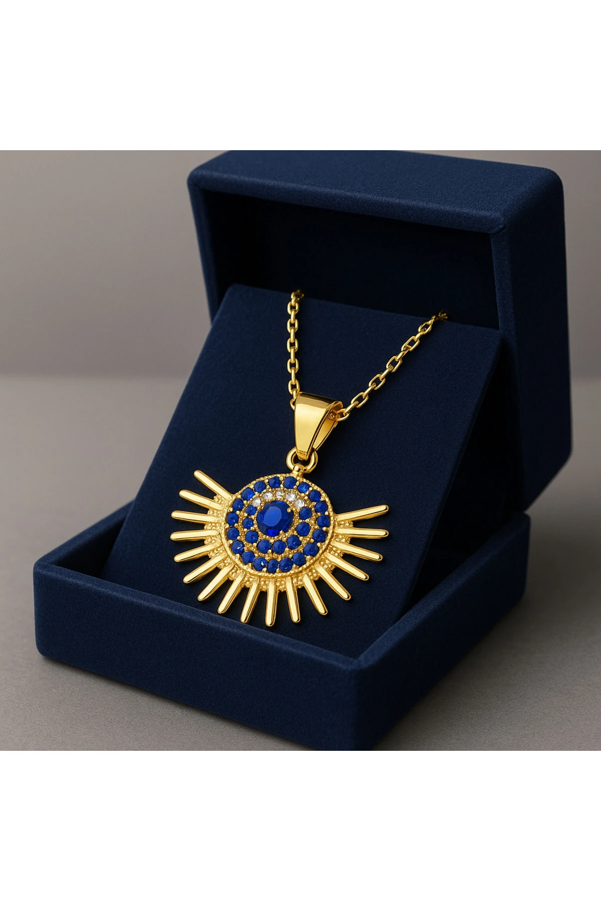 Altın Kaplama Göz ve Kirpik Figürlü Mavi Taşlı Çelik Kadın Kolye
