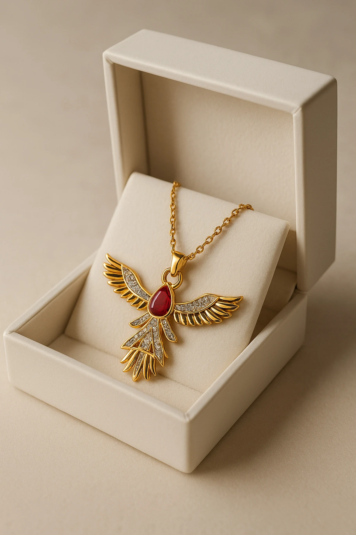 Altın Kaplama Anka Kuşu Kolye – Gücün ve Yeniden Doğuşun Işıltılı Simgesi