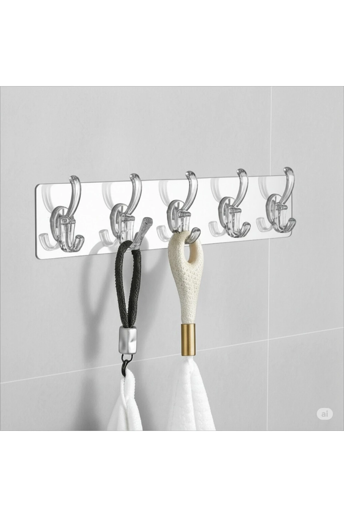 2 Adet Kendinden Yapışkanlı Güçlü Şeffaf 5’li Askılık – Mutfak, Banyo, Kapı Arkası ve Duvarlar İçin