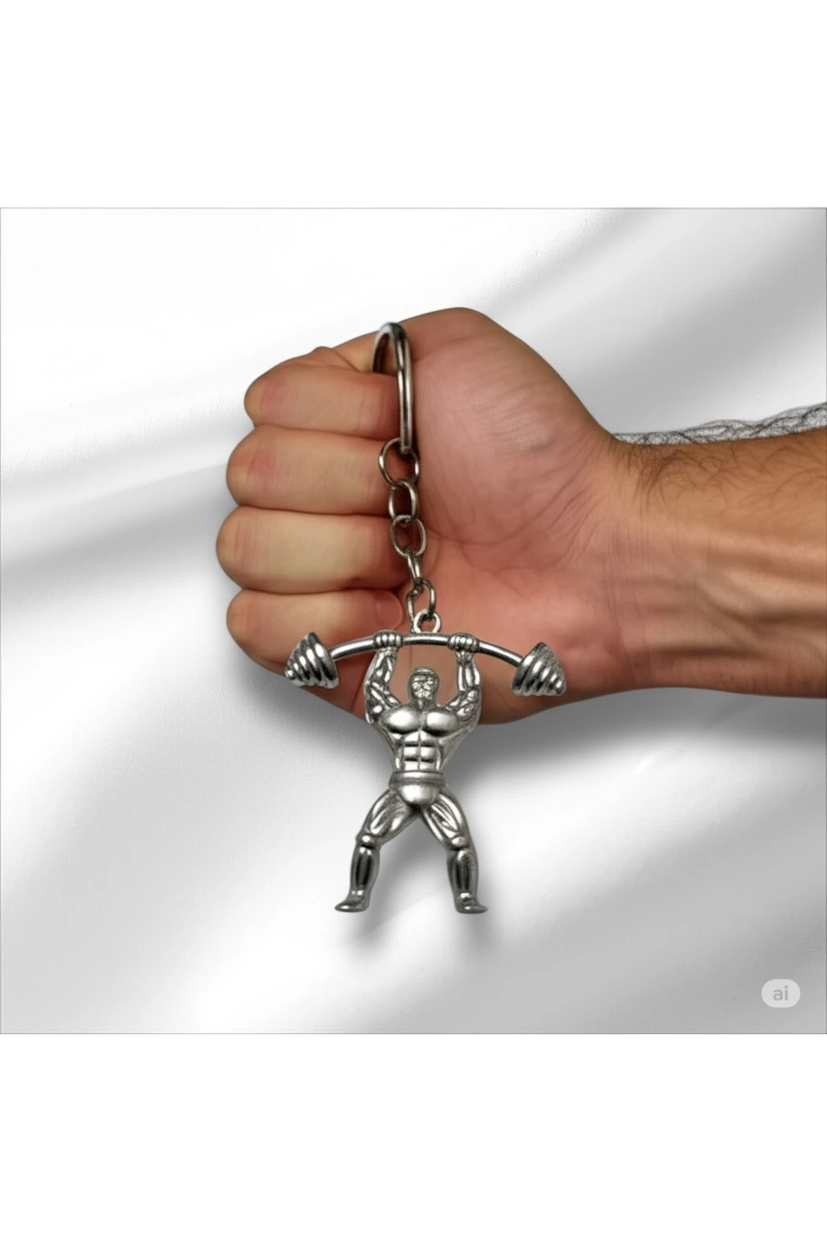 Metal Gümüş Renk Halterci Anahtarlık – Sporcu ve Fitness Severler İçin Hediyelik