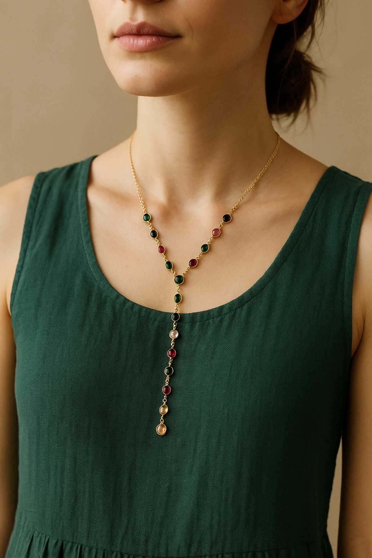 Renkli Taşlı Yuvarlak Motifli Çelik Y Kolye – Minimal & Şık