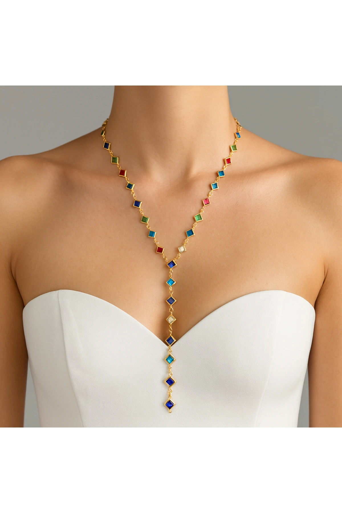Renkli Taşlı Kare Motifli Paslanmaz Çelik Y Kolye – Minimal & Şık