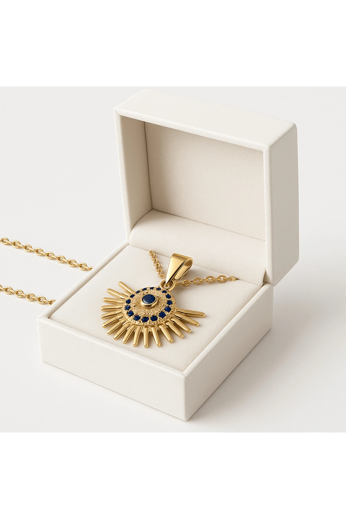 Altın Kaplama Göz ve Kirpik Figürlü Mavi Taşlı Çelik Kadın Kolye