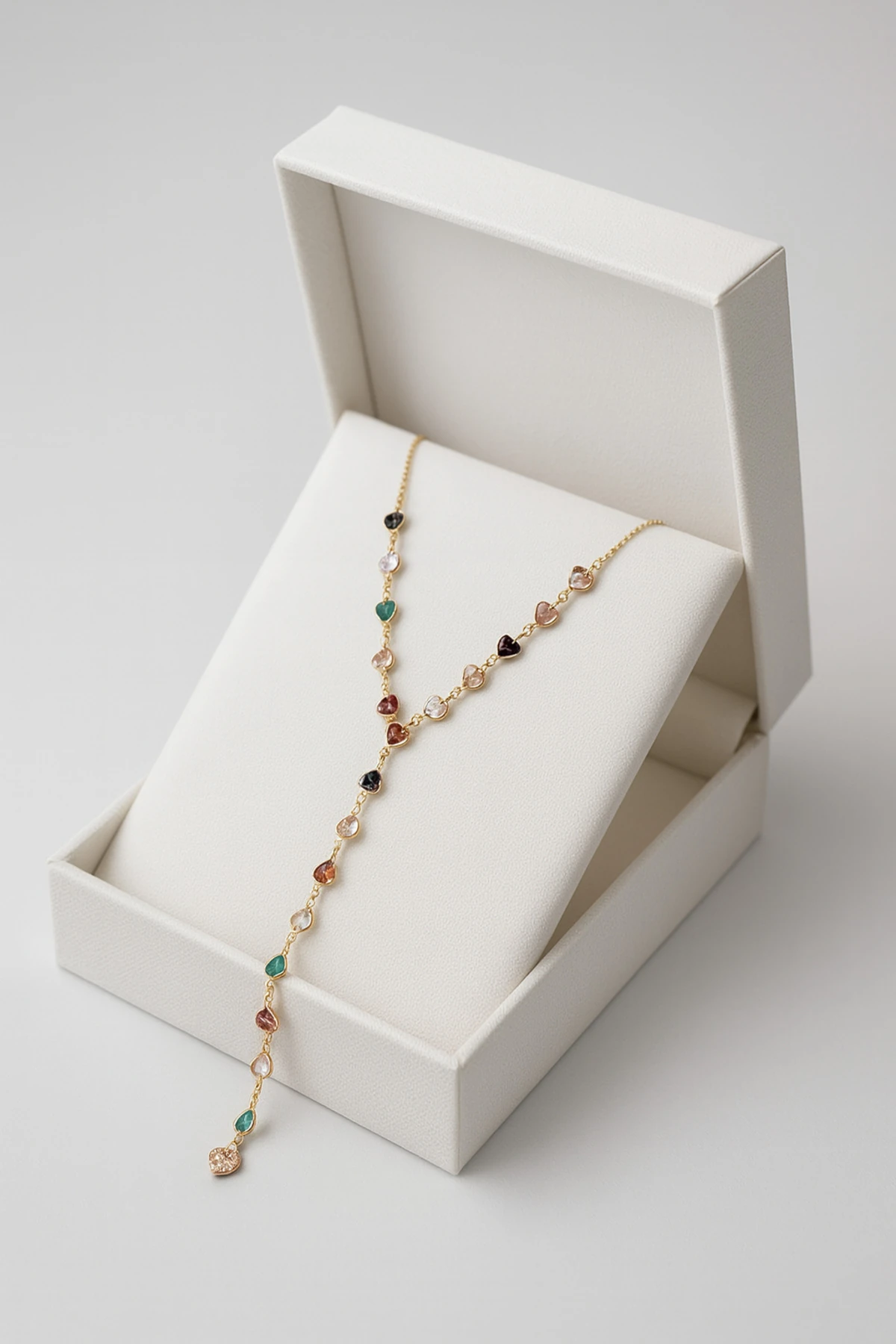 Renkli Taşlı Kalp Motifli Paslanmaz Çelik Y Kolye – Minimal & Şık