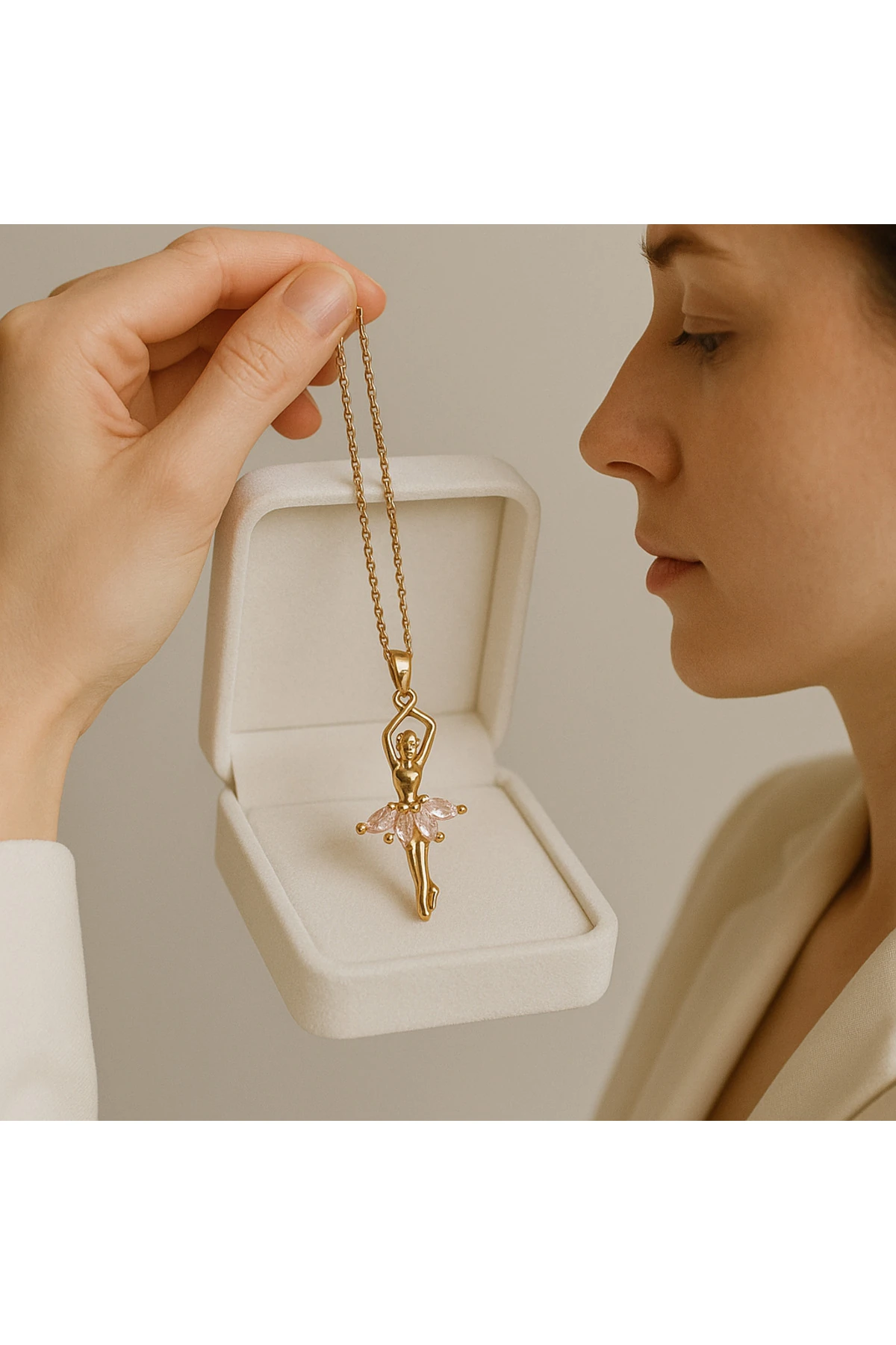 Altın Kaplama Kararmaz Çelik Balerin Kolye – Pembe Taşlı Model