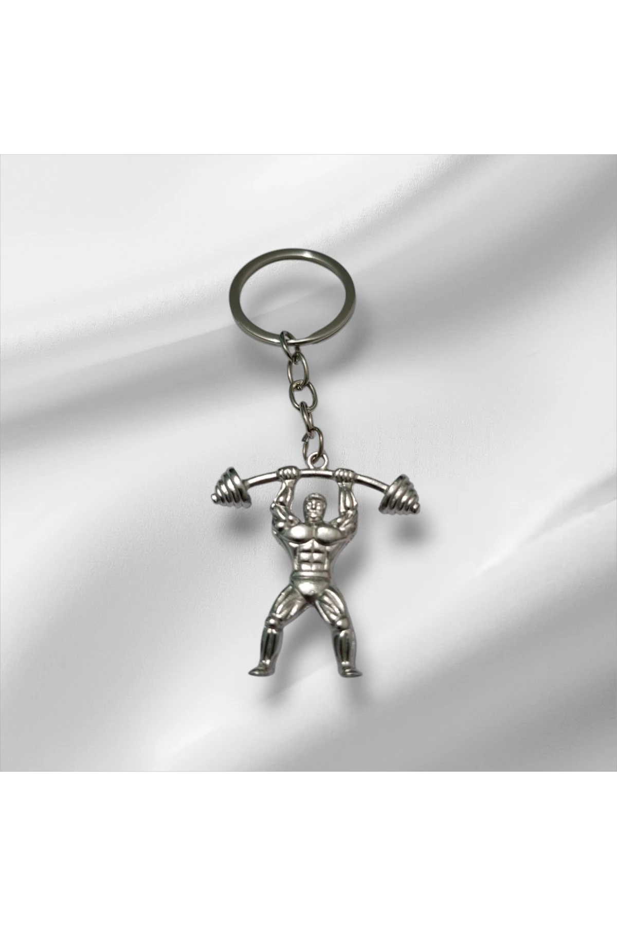 Metal Gümüş Renk Halterci Anahtarlık – Sporcu ve Fitness Severler İçin Hediyelik