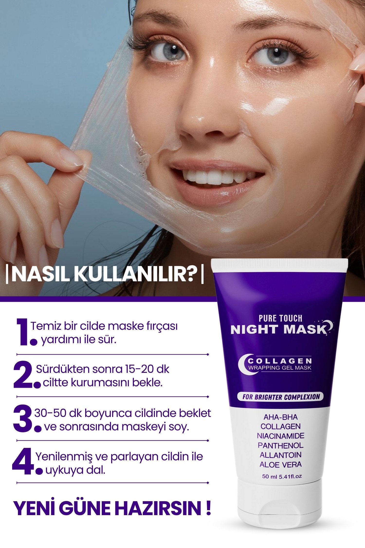 Soyulabilen Kolajen Gece Maskesi, Collagen Night Mask, Soyulabilir Kolejen Yüz Maskesi - Anti Aging