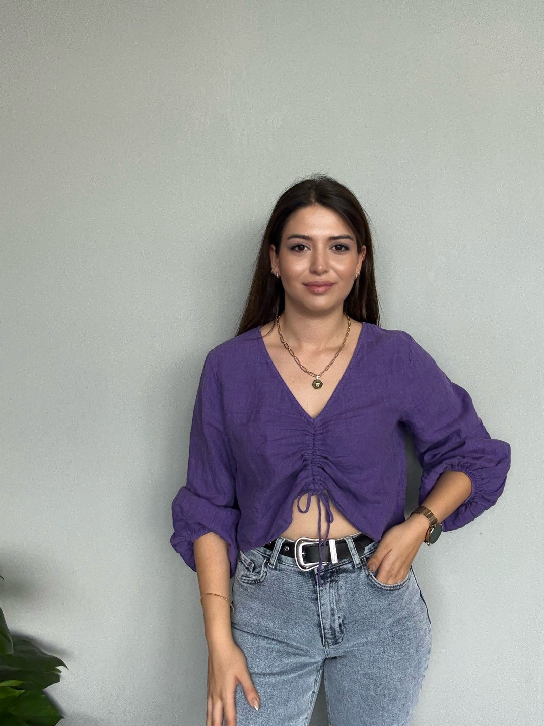 Keten Büzgülü Mor Bluz
