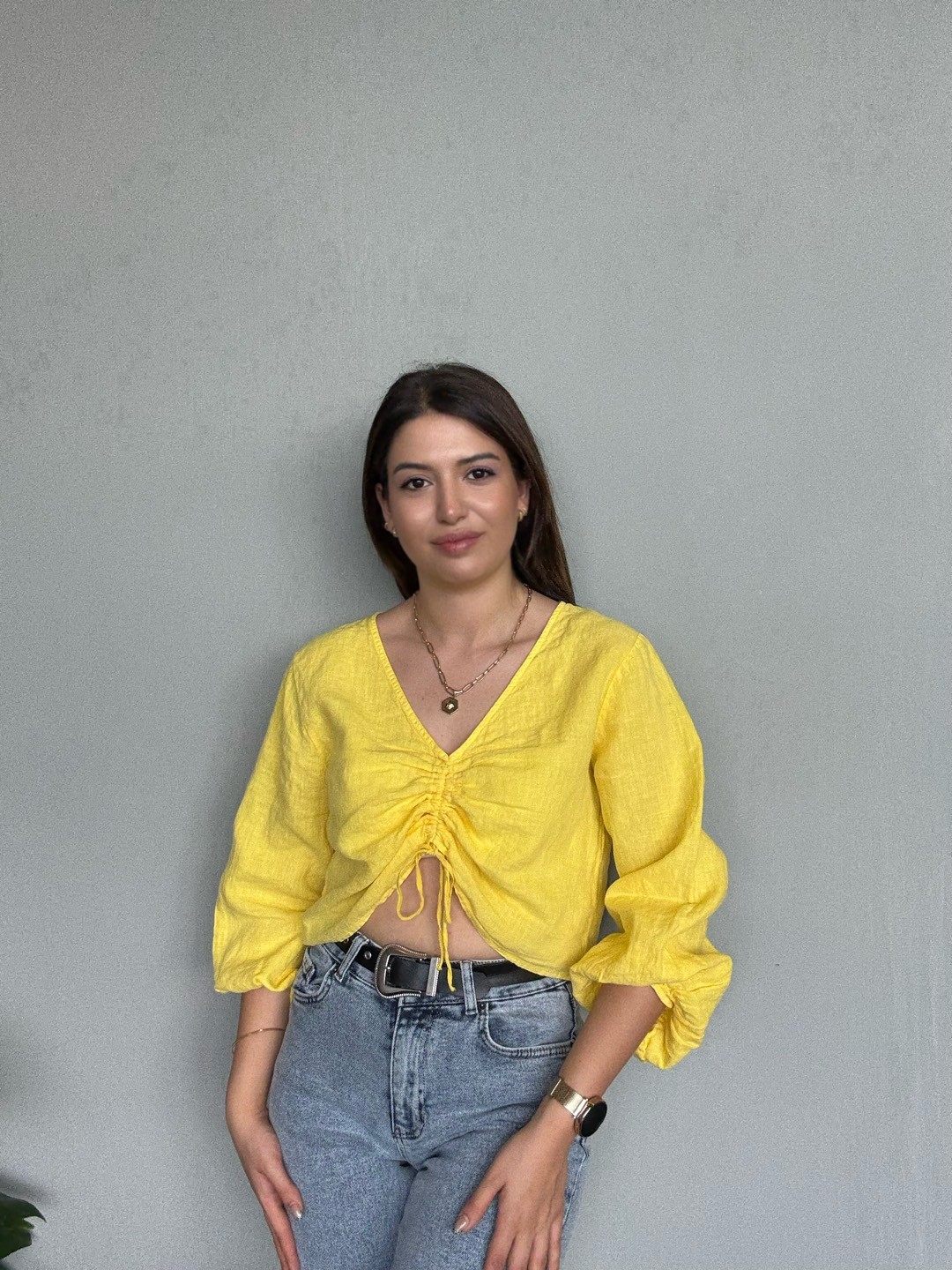 Keten Sarı Büzgülü Bluz