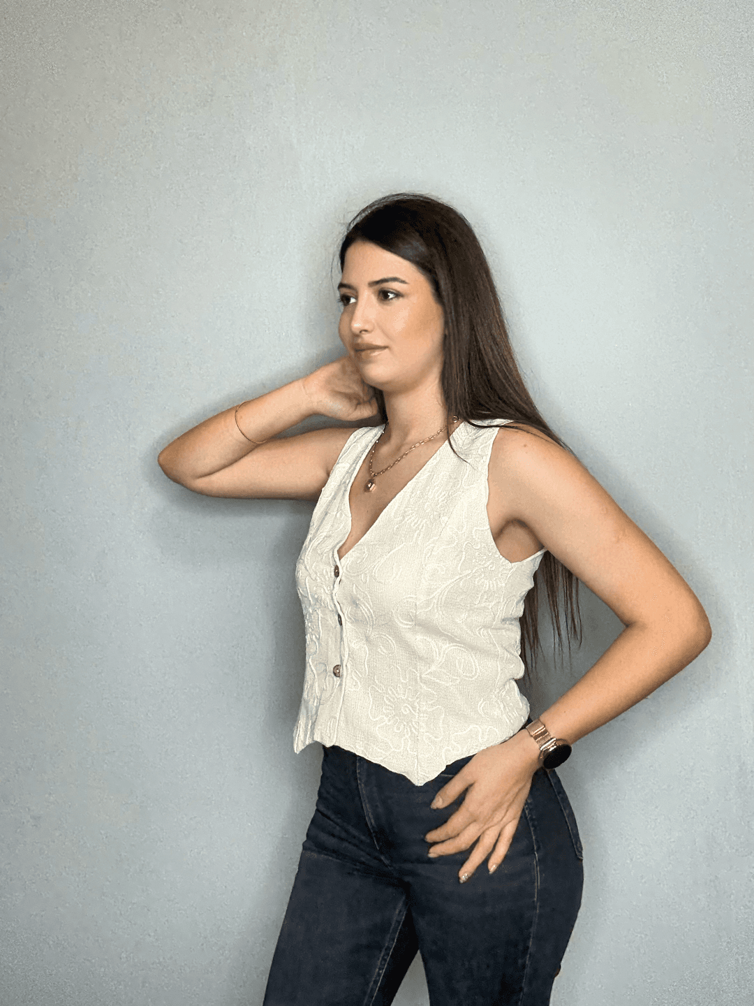 Krem Düğmeli Yelek