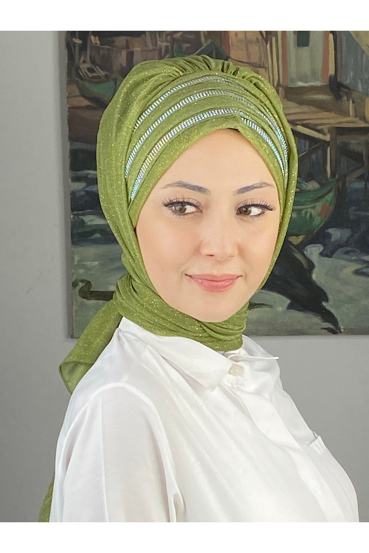 Lüks Topkapı Model Taşlı Simli Kısa Abiye Açık Yağ Yeşili Hazır Şal