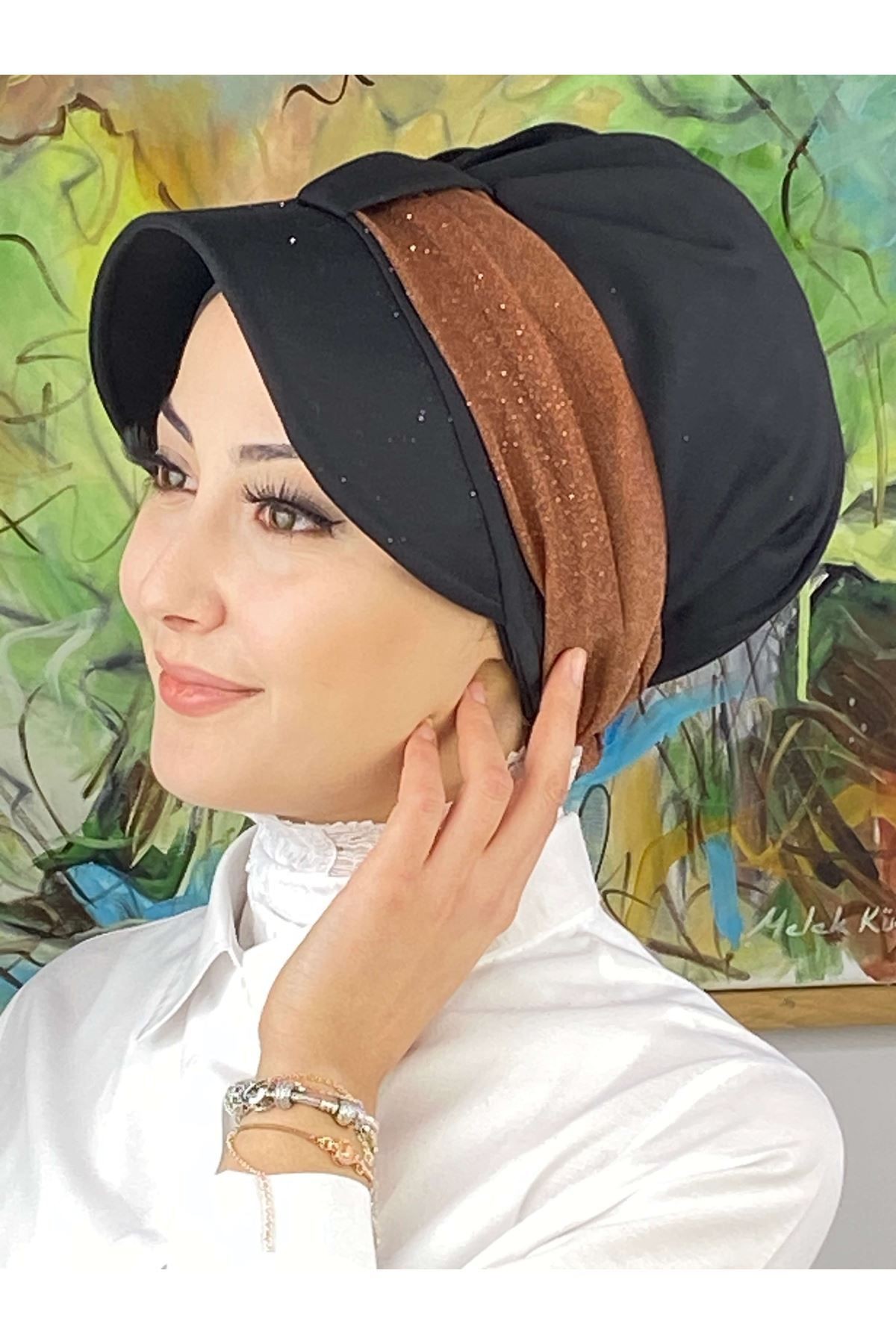 Cırtcırtlı Sütlü Kahve Simli Şifon Fularlı Şapka
