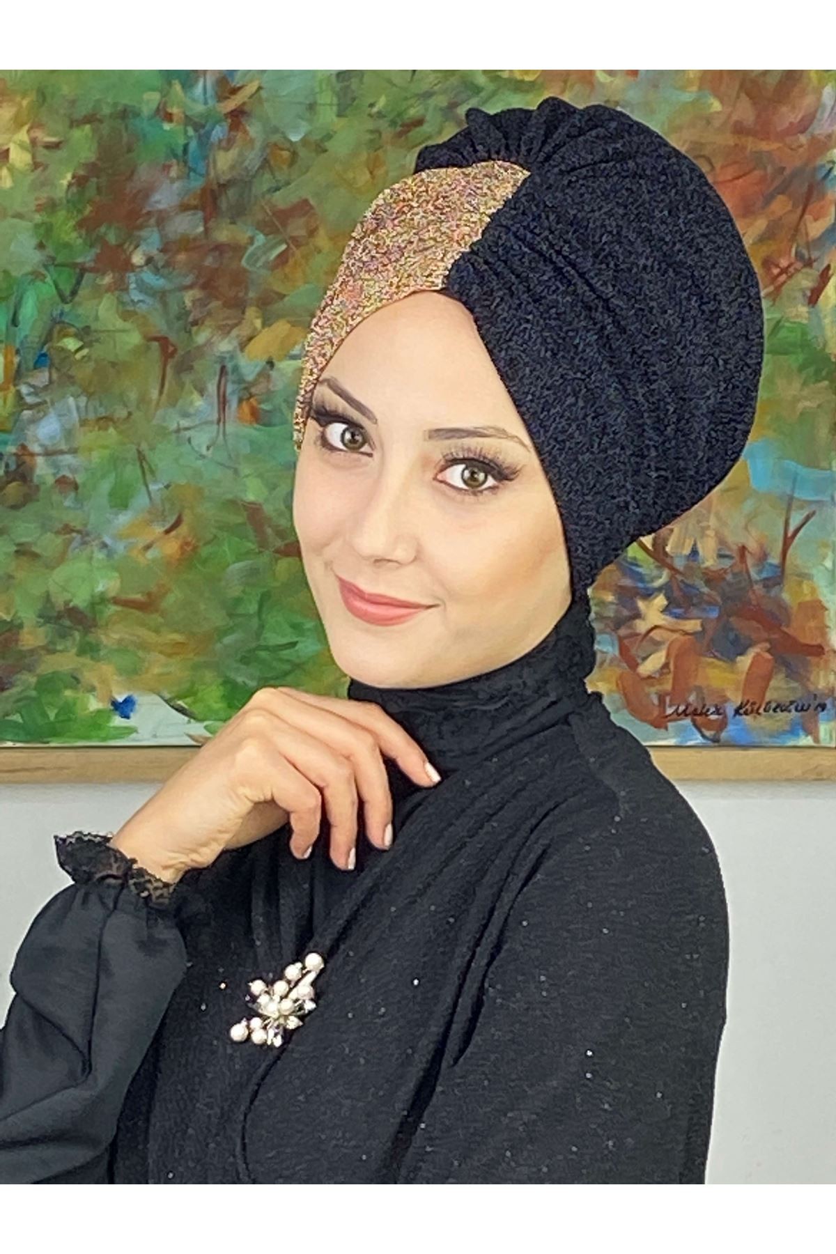 Sultan Model Siyah Altın Çift Renkli Büzgülü Dış Bone