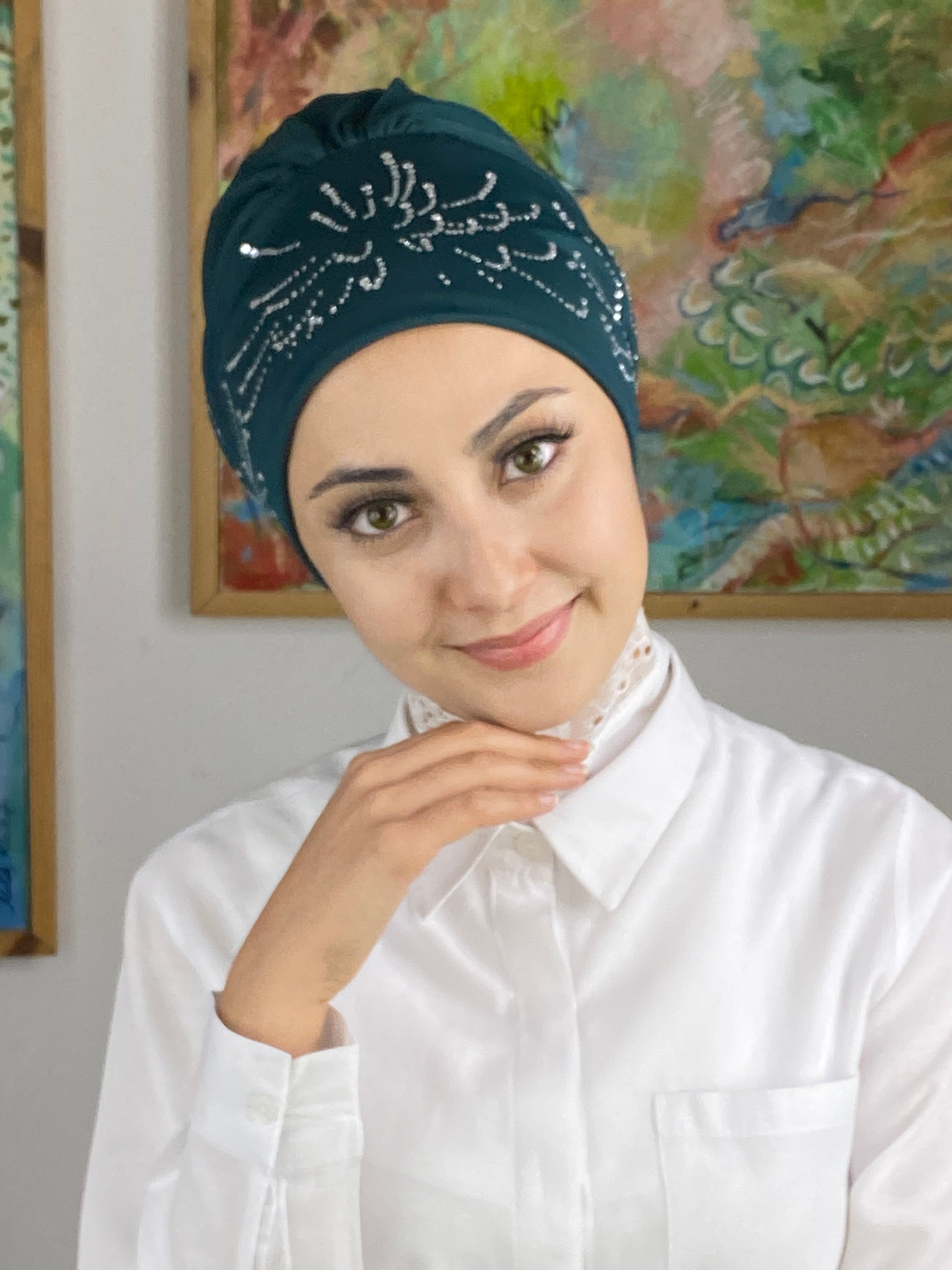 Fişek Model Taşlı Bone - petrol yeşili
