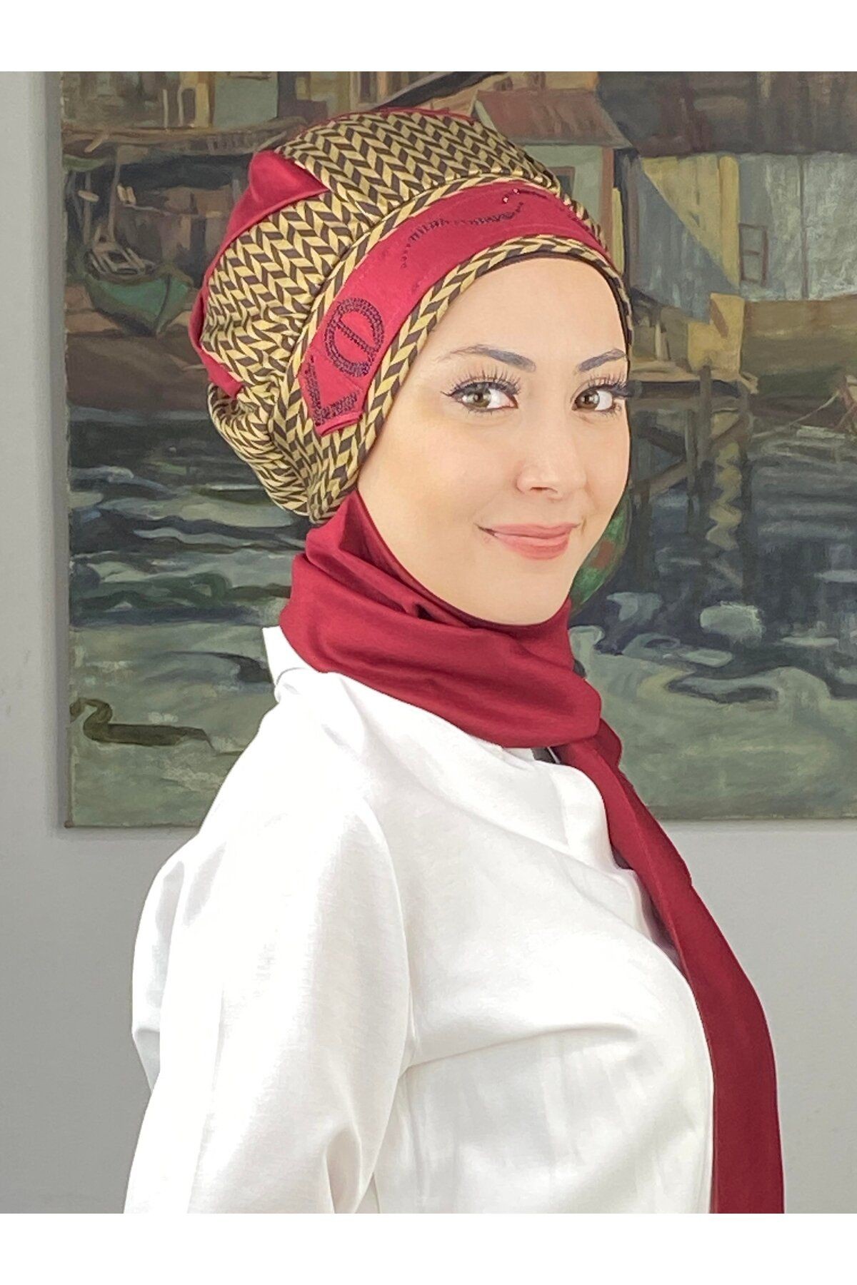 Çarkıfelek Model Taşlı Kemerli Buğday Desen Bordo Atkılı Bere