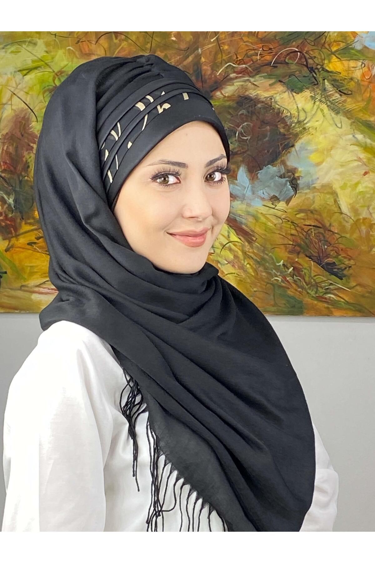 Saray Model Yan Drapeli Siyah Şeritli Desen Hazır Şal