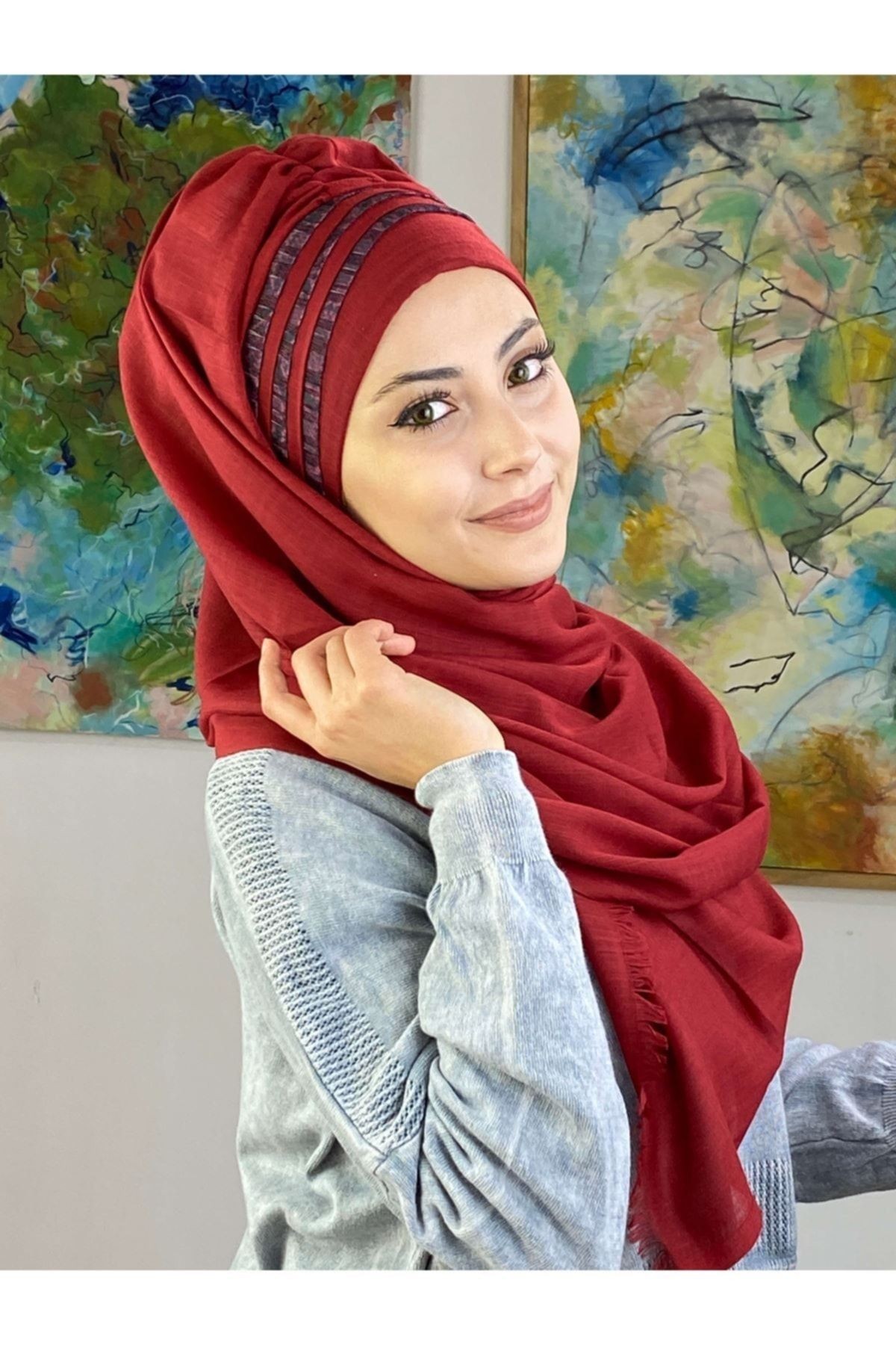 Bordo Renkli Yan Drapeli Tül Detaylı Hazır Şal