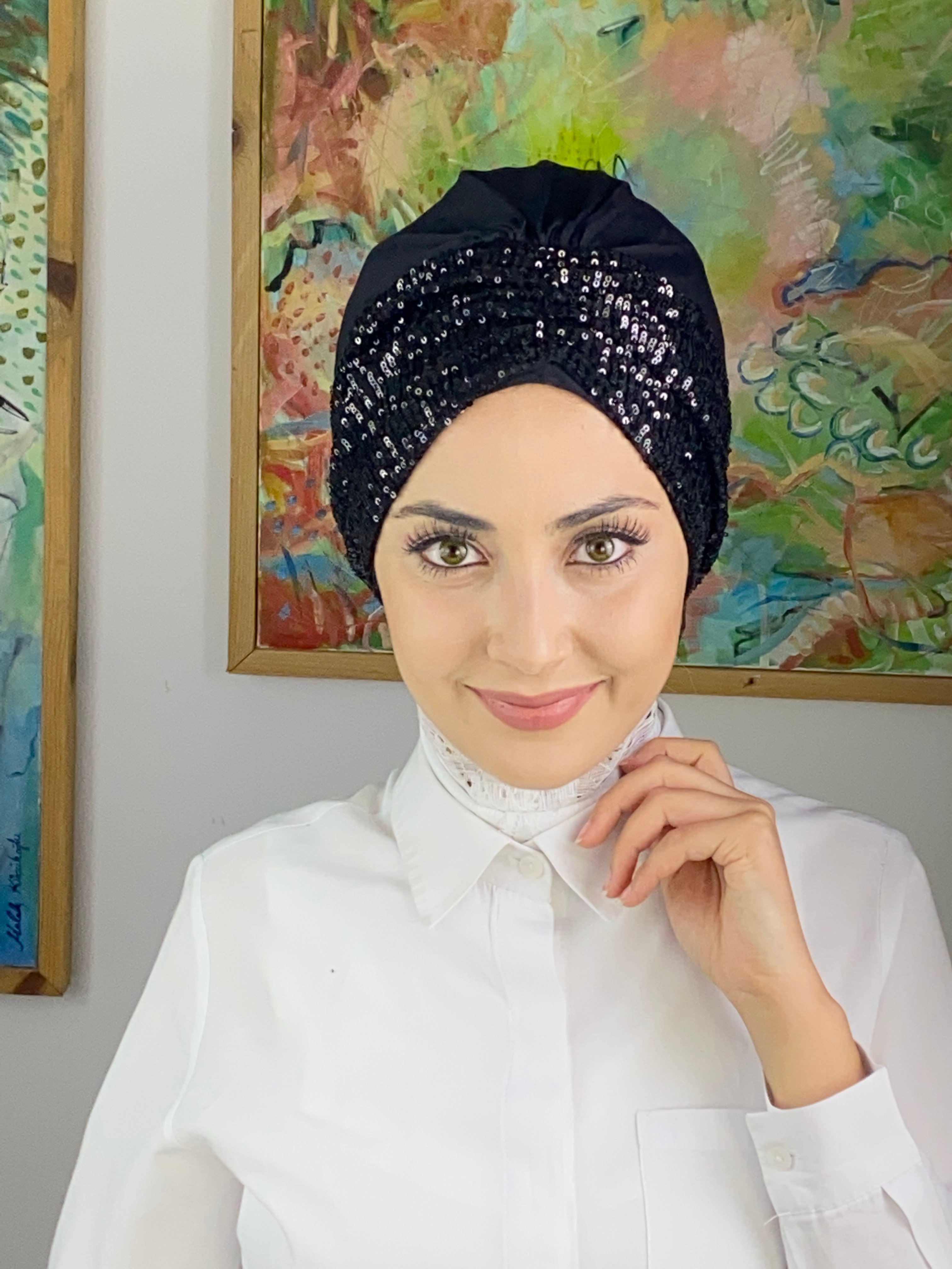 Büzgülü Siyah Bone - siyah - payetli