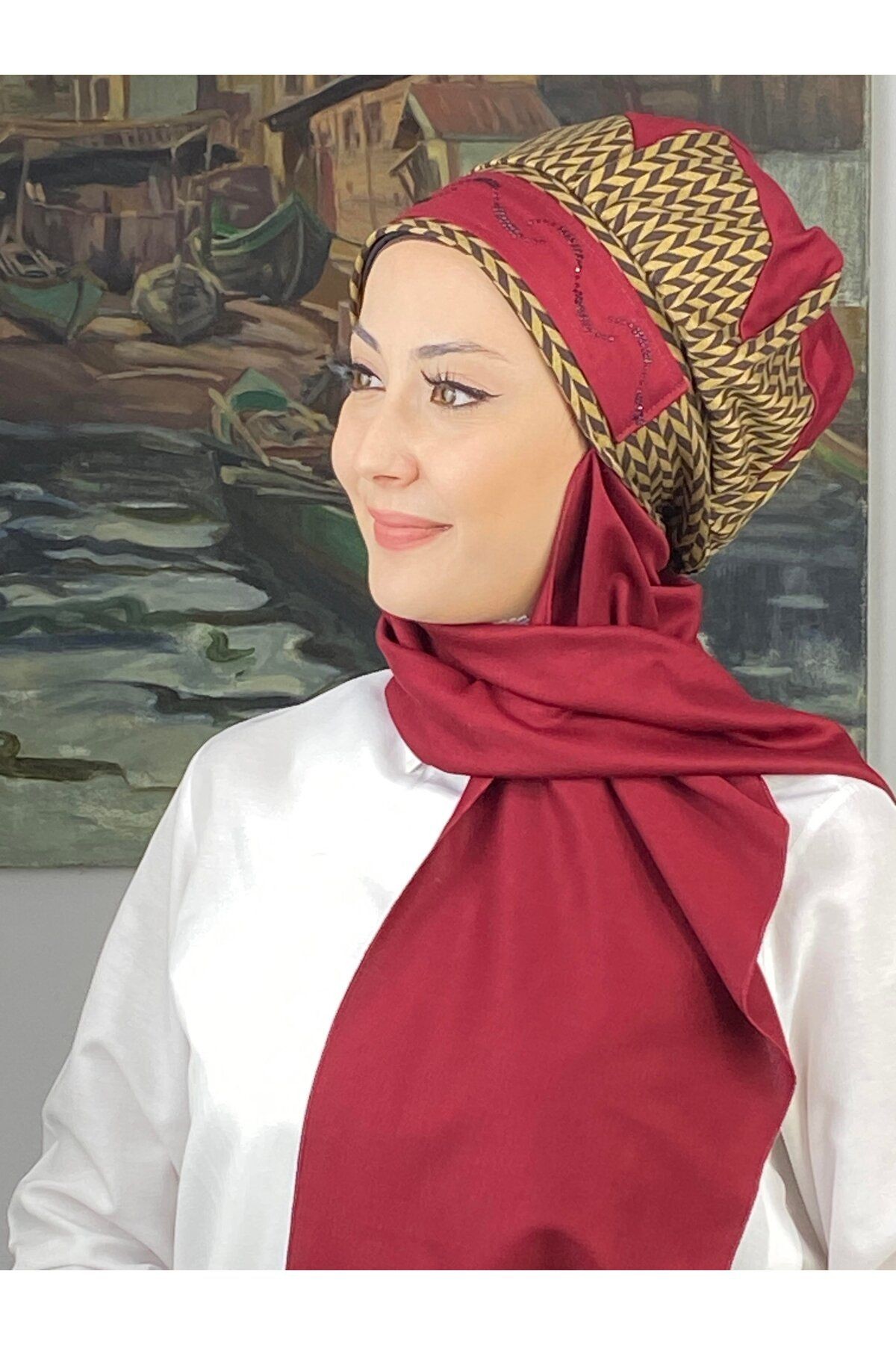 Çarkıfelek Model Taşlı Kemerli Buğday Desen Bordo Atkılı Bere