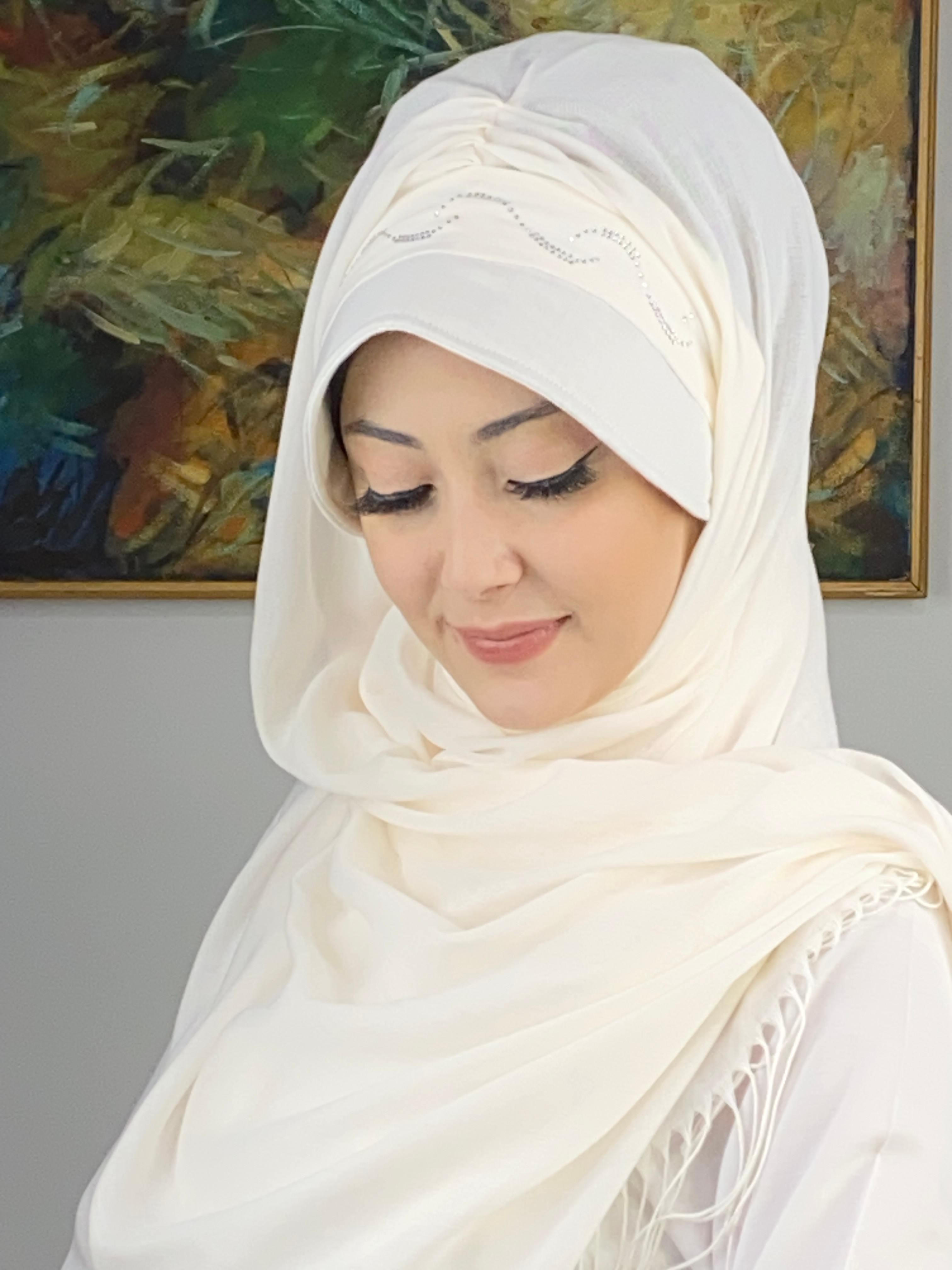 Tokalı Taşlı Kemer Desenli Hazır Türban Beyaz Şapka Şal