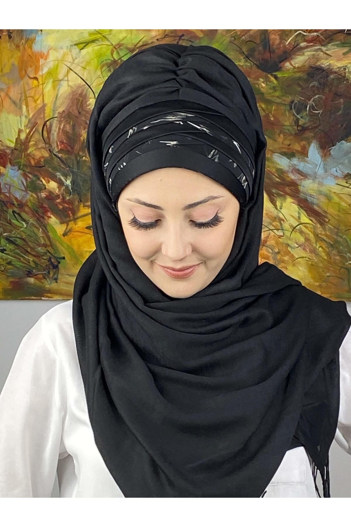 Topkapı Model Çapraz Drapeli Şifon Şeritli Desen Hazır Şal