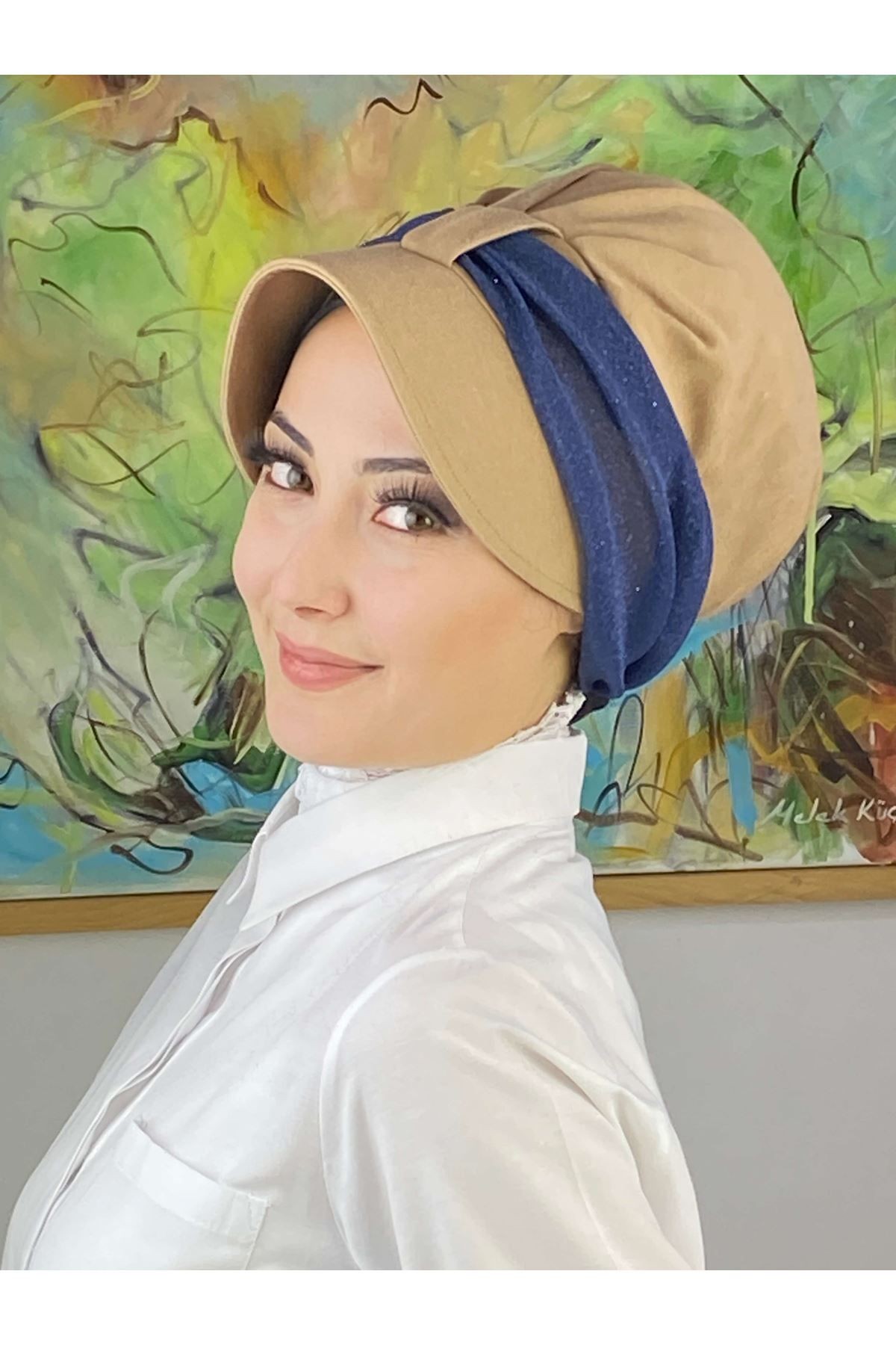 Cırtcırtlı Lacivert Simli Şifon Fularlı Şapka