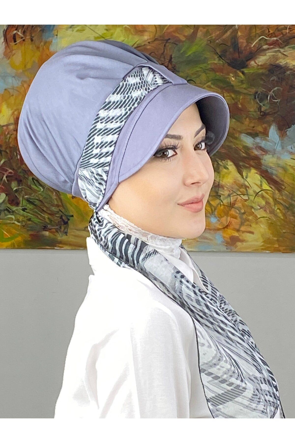 Floral Desenli Tek Biritli Fularlı Şapka