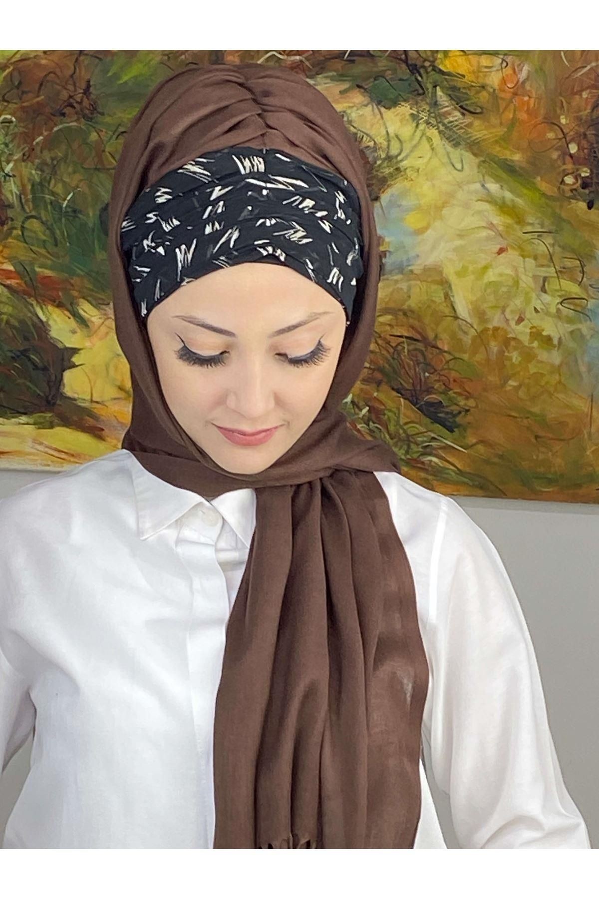 Siyah Beyaz Desenli Sepya Büzgülü Hazır Şal