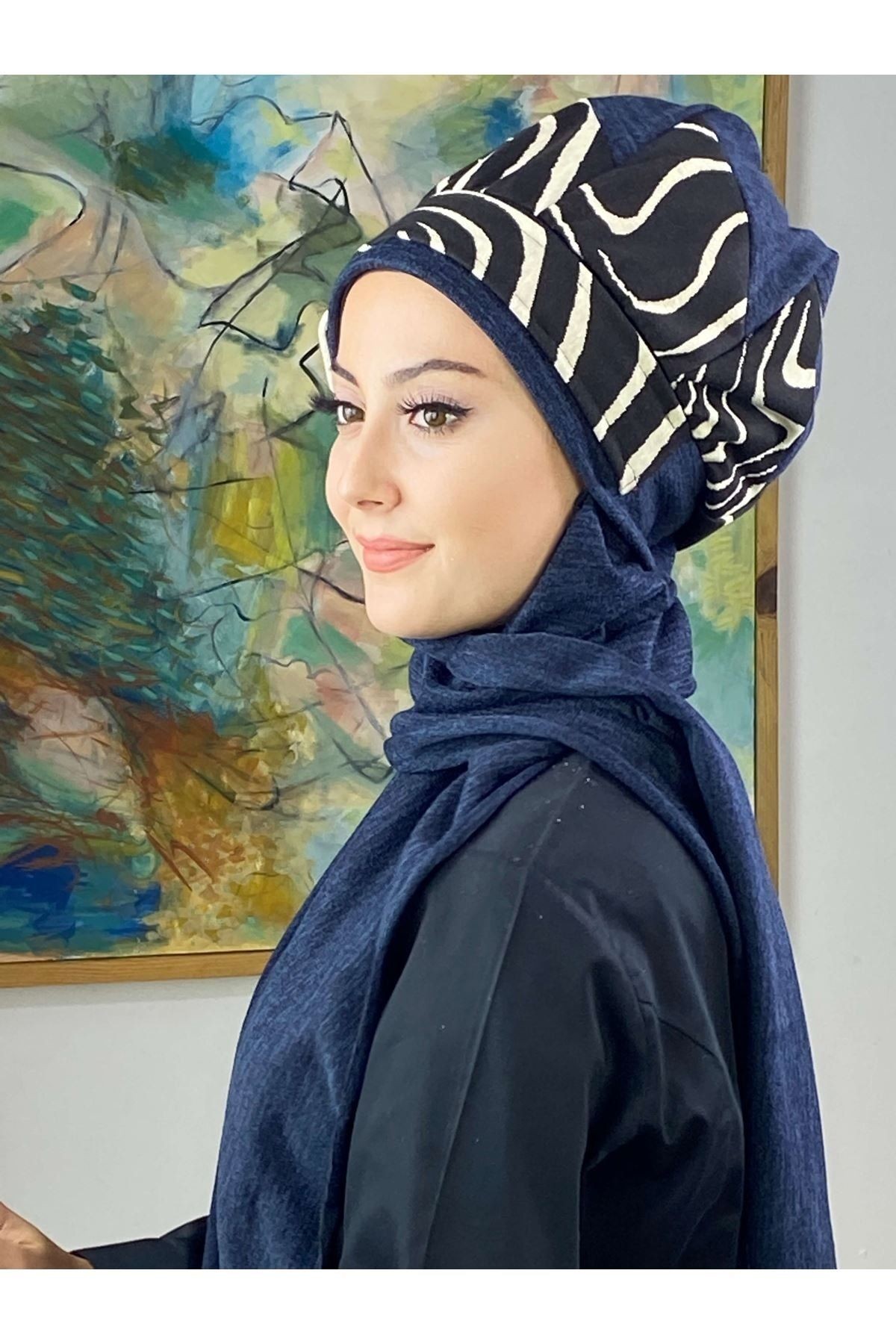 Çarkıfelek Lacivert Triko Zebra Desen Atkılı Tesettür Bere