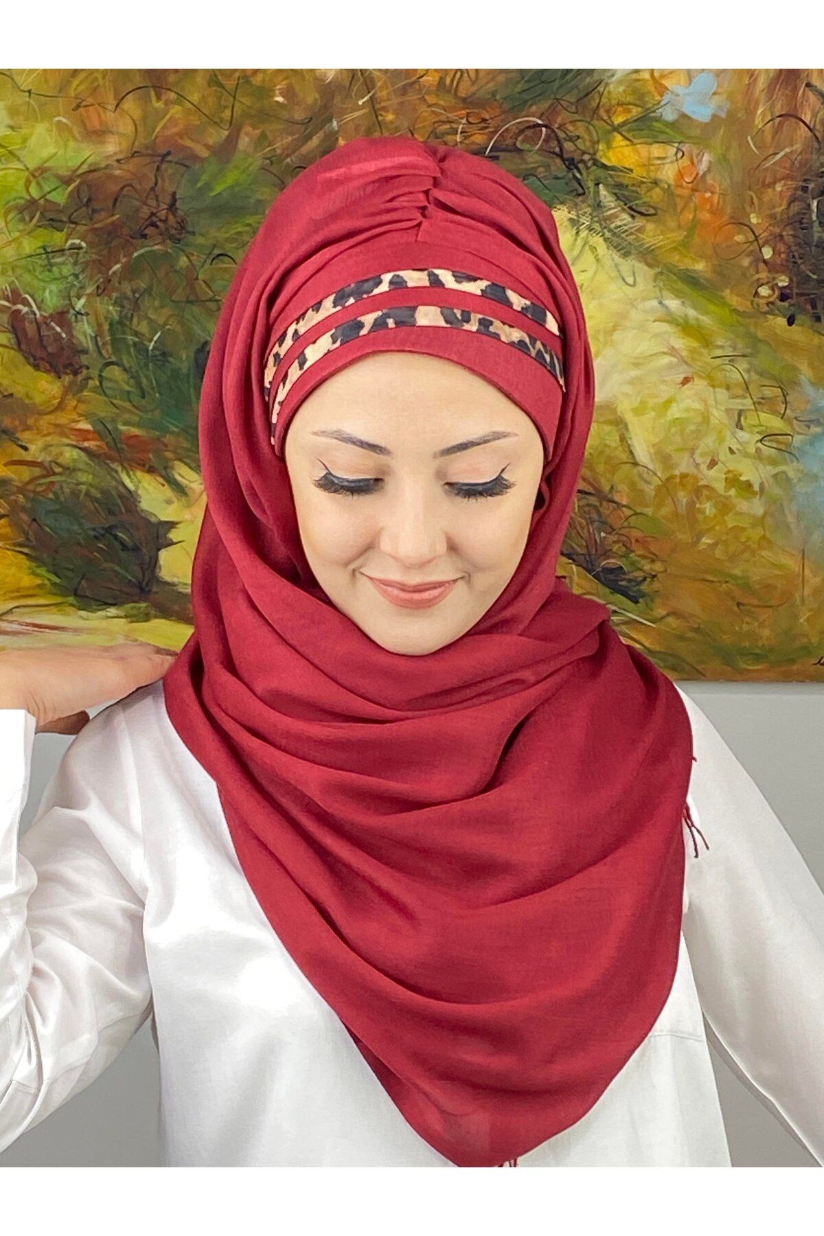 Saray Model Leopar Şerit Desenli Bordo Hazır Şal