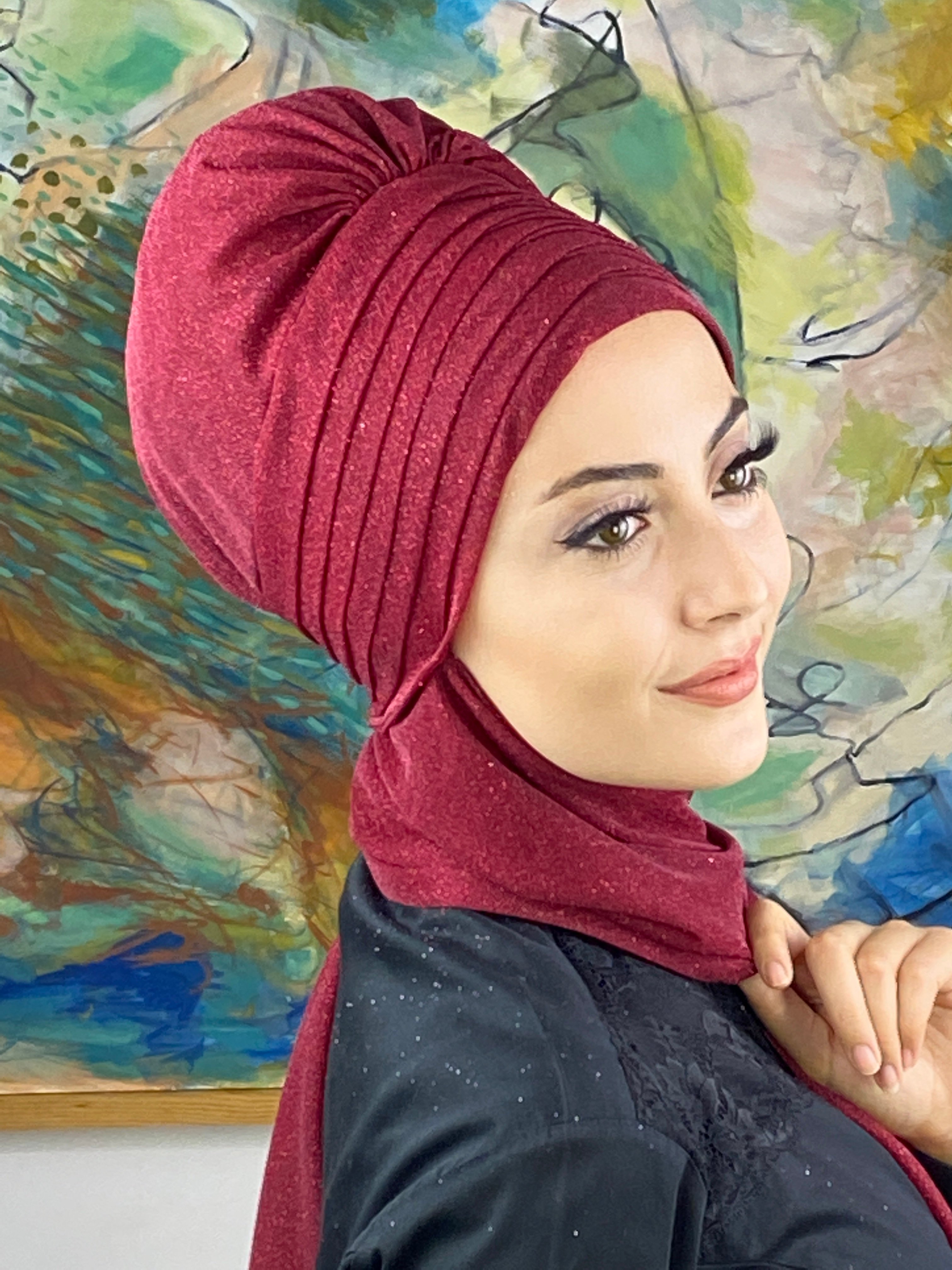 Simli Bordo Atkılı Abiye Tesettür Bone