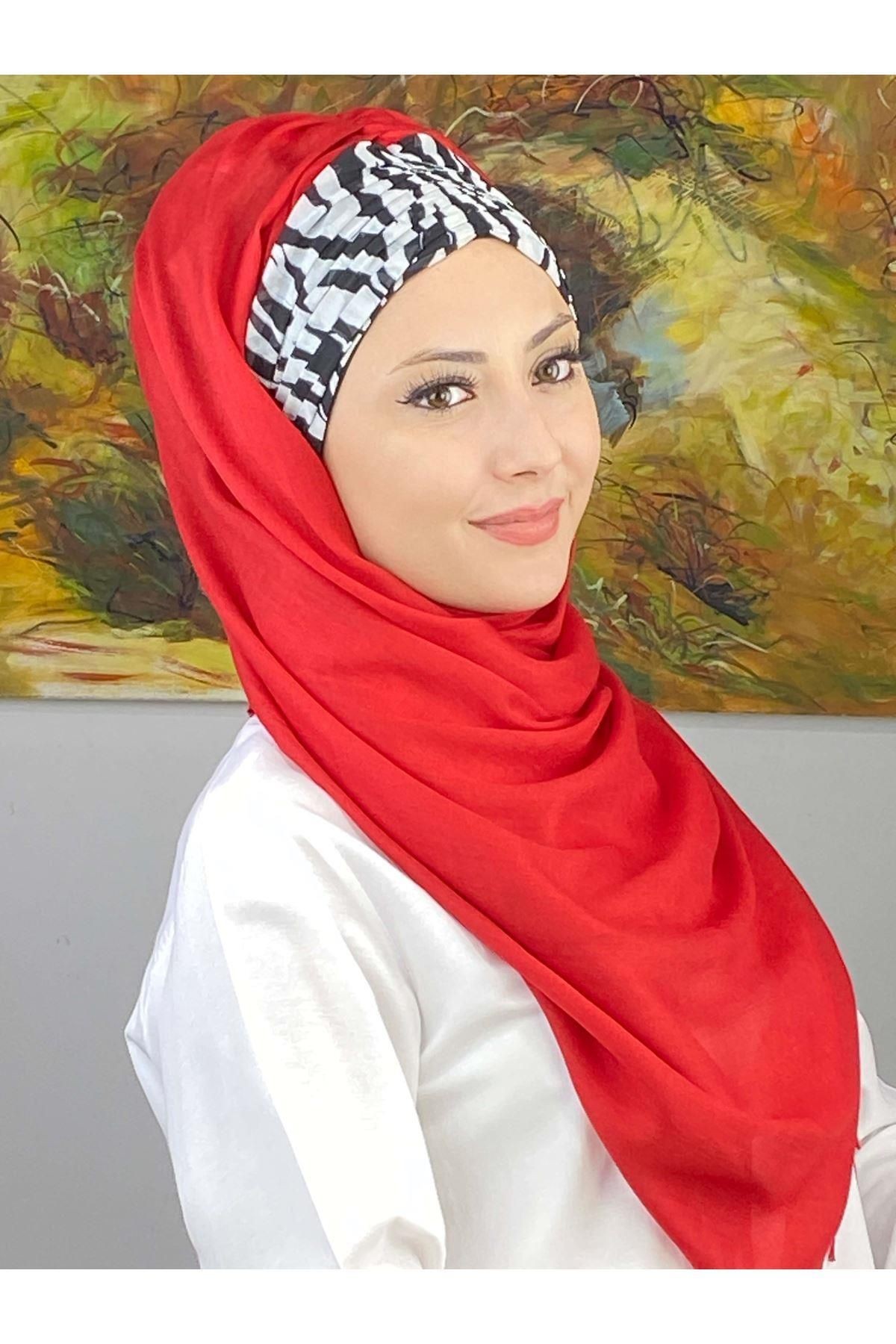 Zebra Desenli Kırmızı Büzgülü Hazır Şal