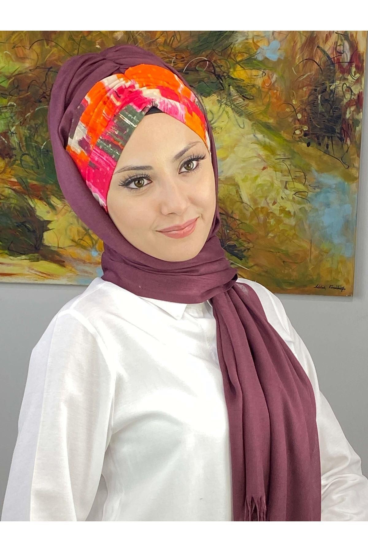 Zebra Desenli Açık Mürdüm Büzgülü Hazır Şal