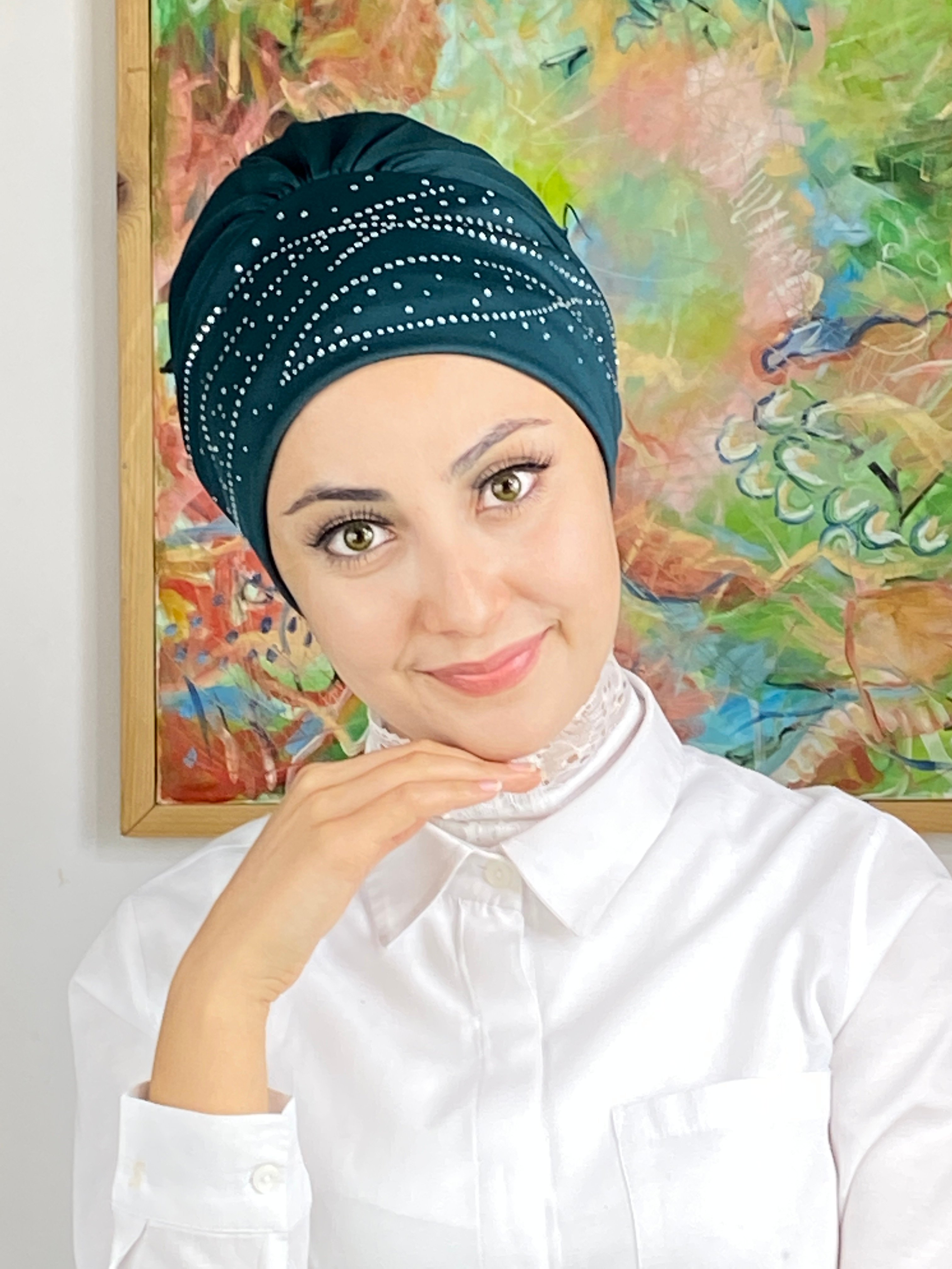Firuze Model Taşlı Bone - petrol yeşili