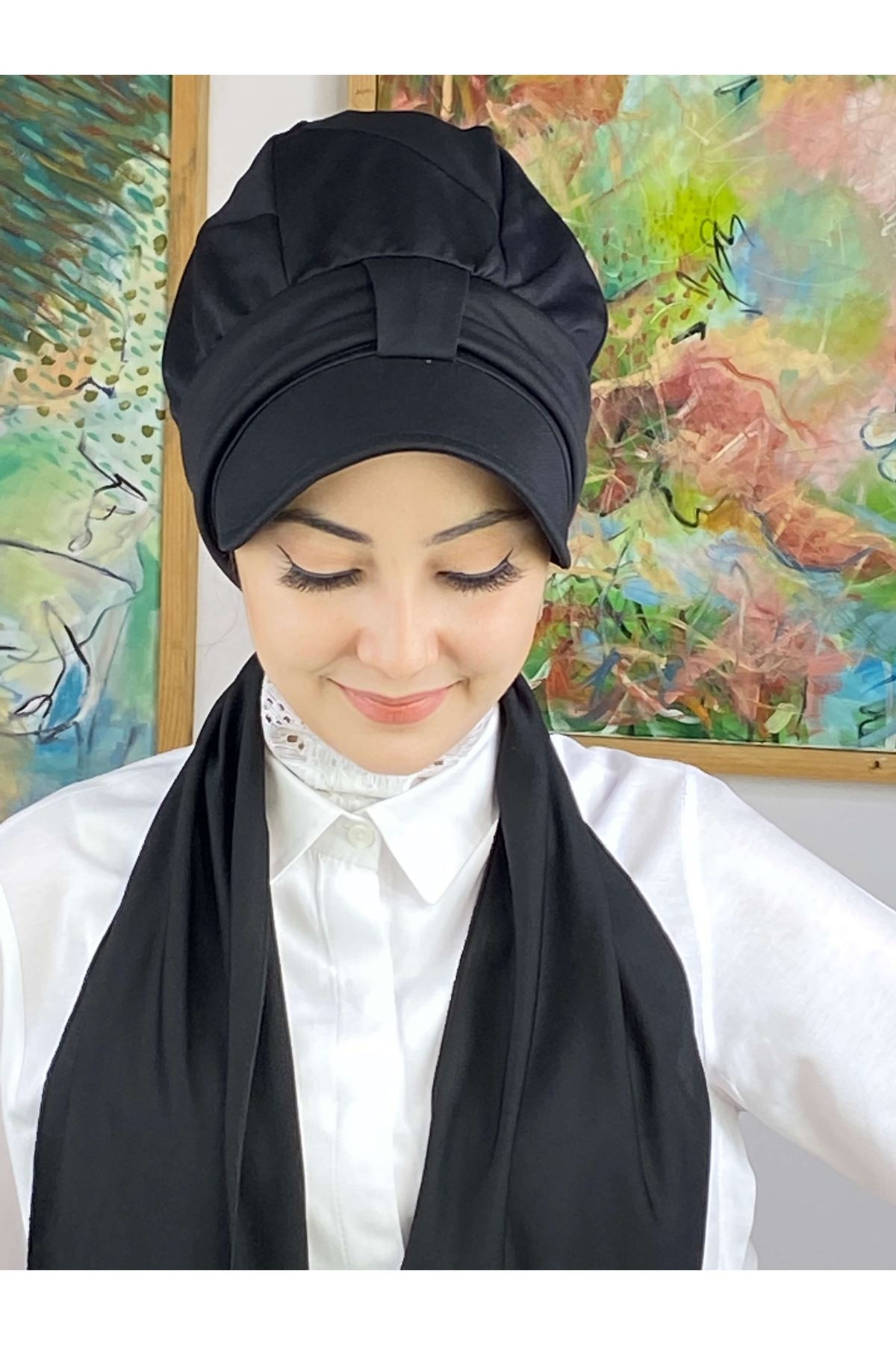 Siyah Krep Fularlı Tek Biritli Şapka