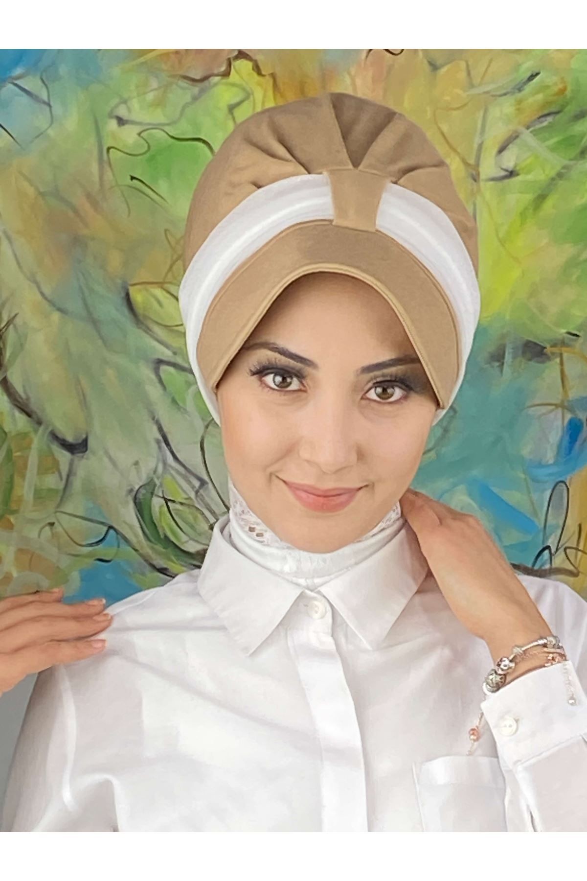 Cırtcırtlı Beyaz Simli Şifon Fularlı Şapka