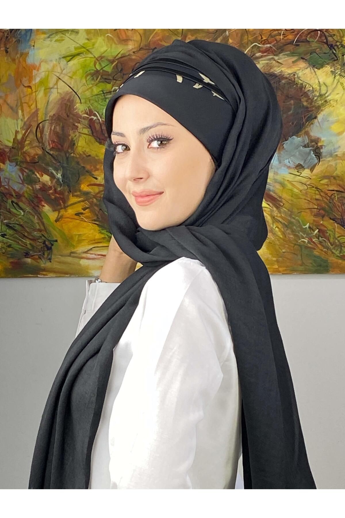 Saray Model Yan Drapeli Siyah Şeritli Desen Hazır Şal