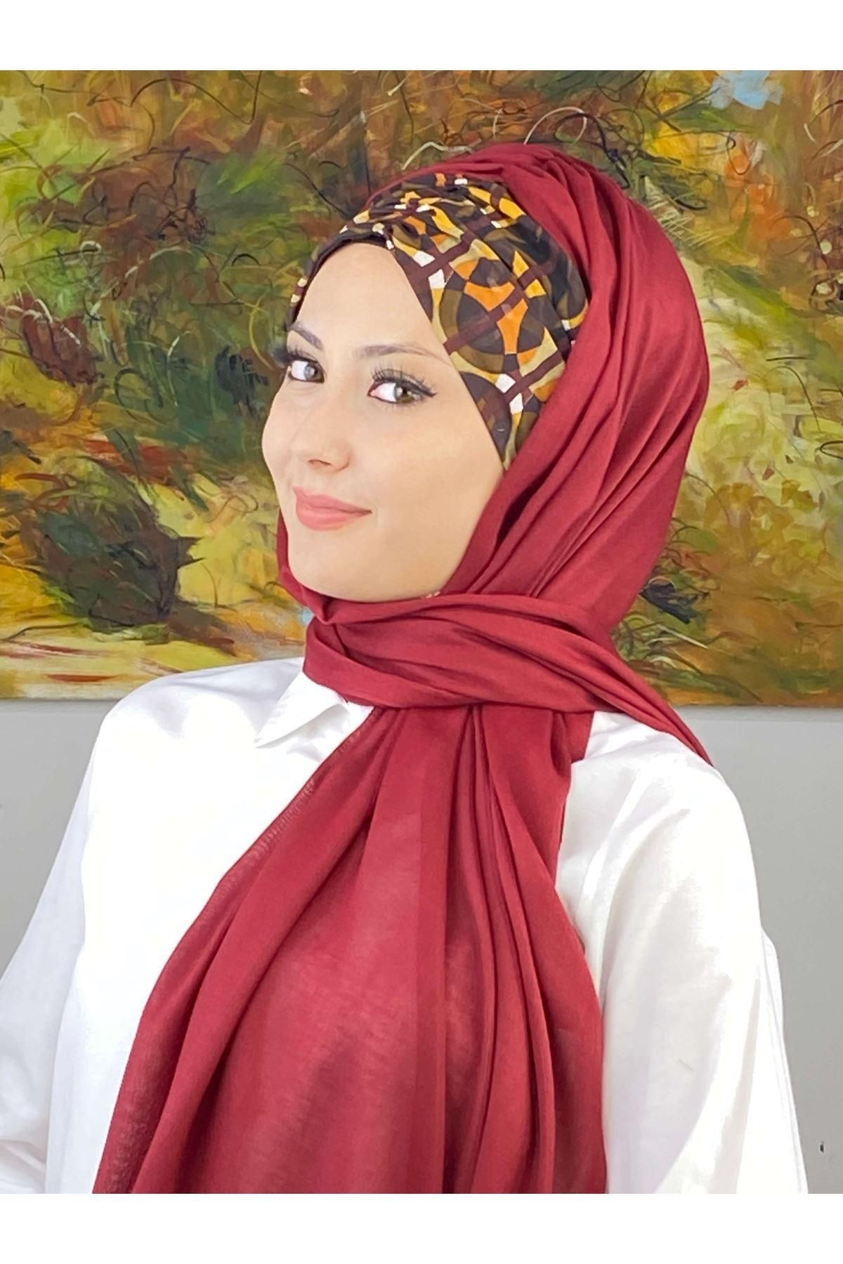 Geometrik Desenli Bordo Büzgülü Hazır Şal
