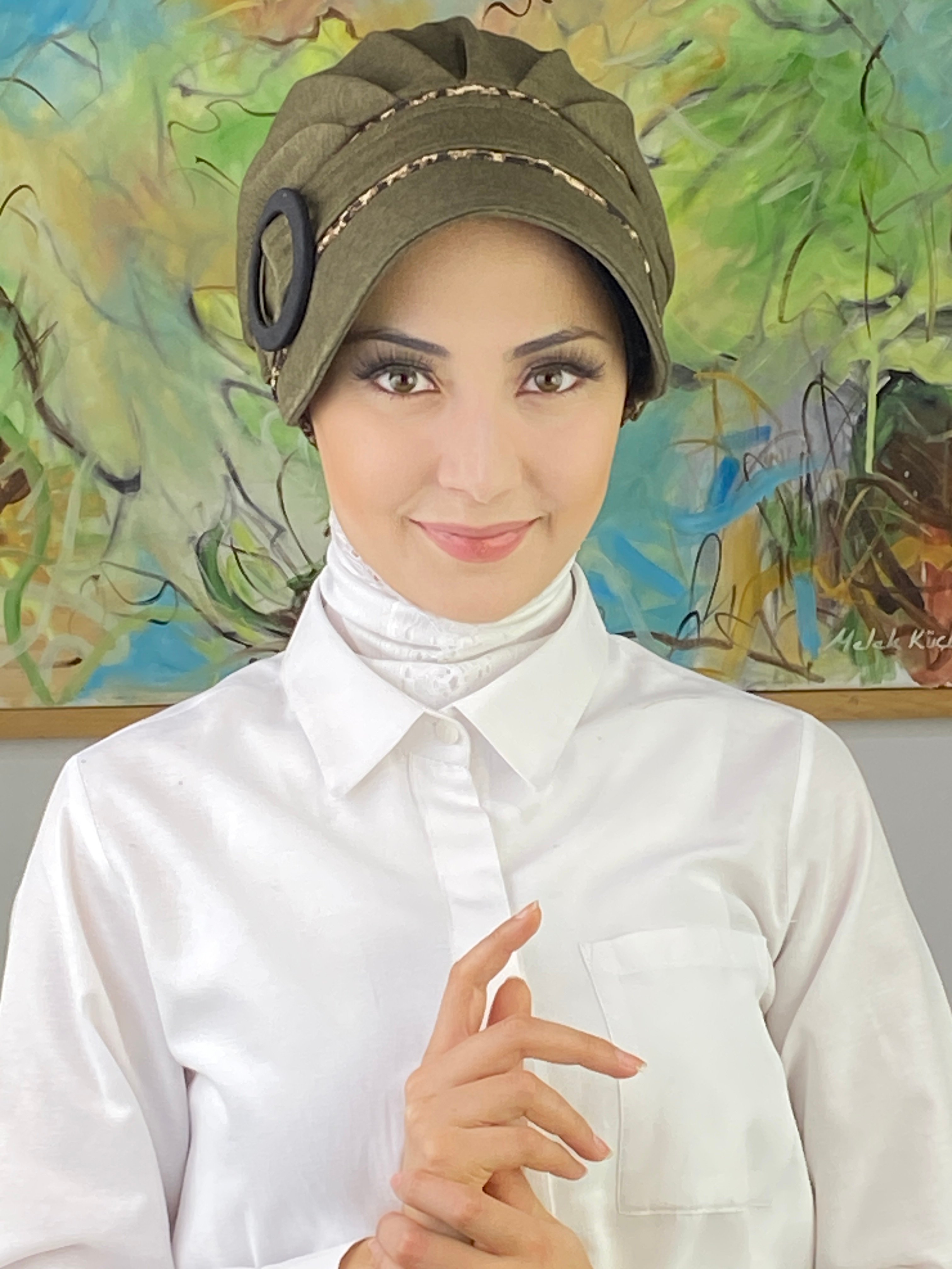 Nazlı Model Tokalı Küçük Kazayak Desenli Tesettür Şapka
