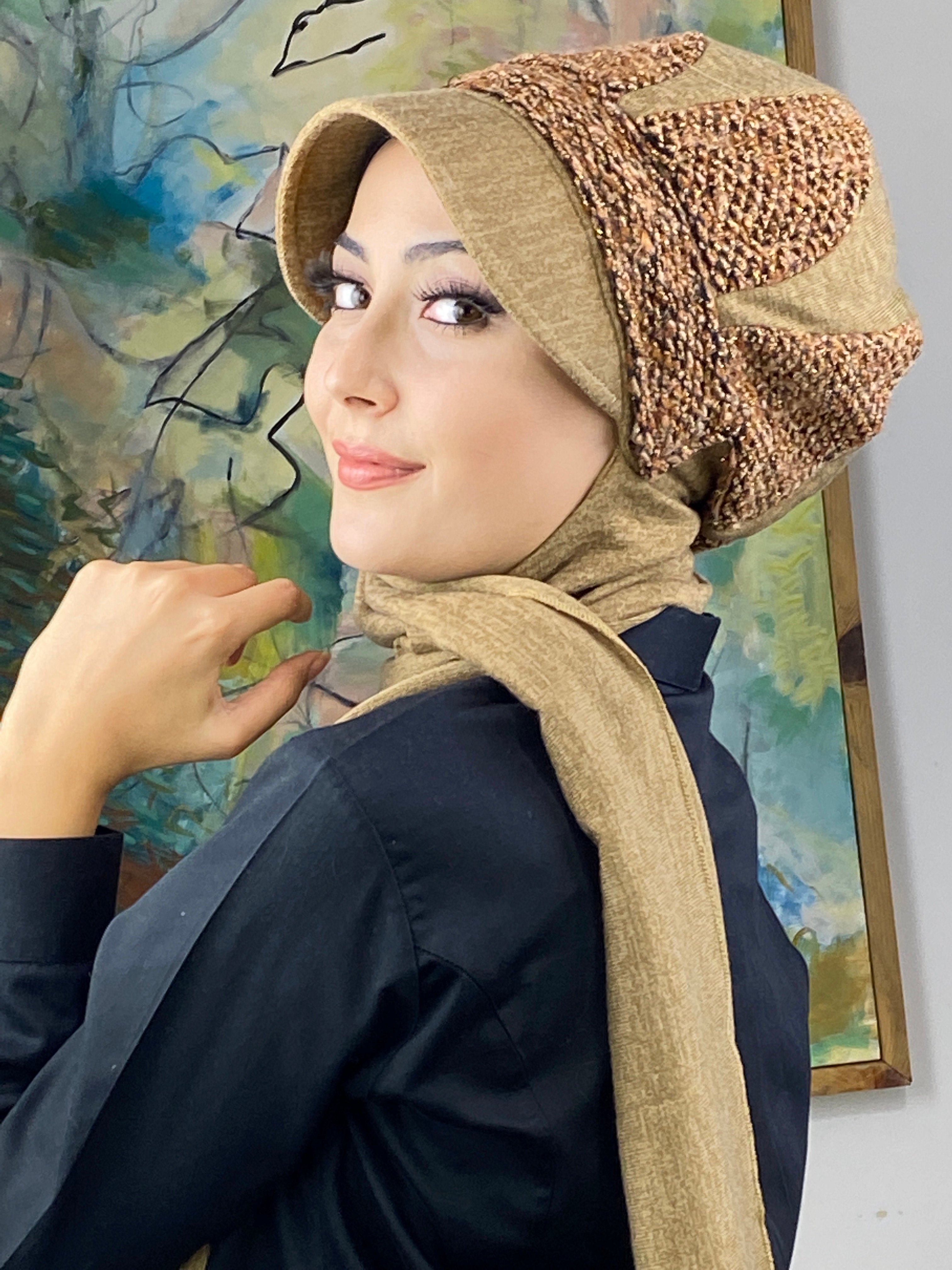 Damla Modell Haroşa Örgü Desenli Tesettür Şapka Şal