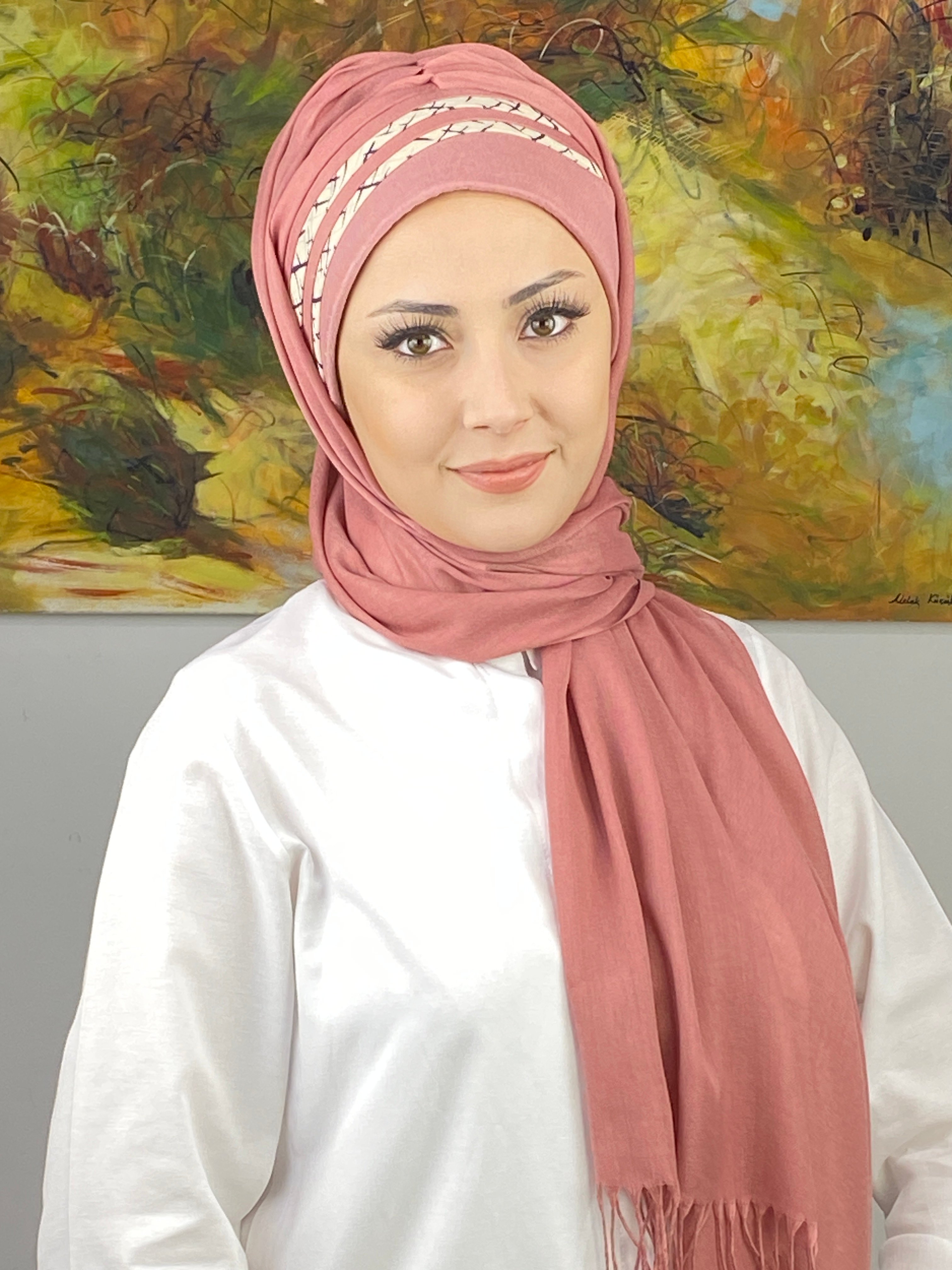  Saray Model Krem Şerit Desenli Hazır Şal