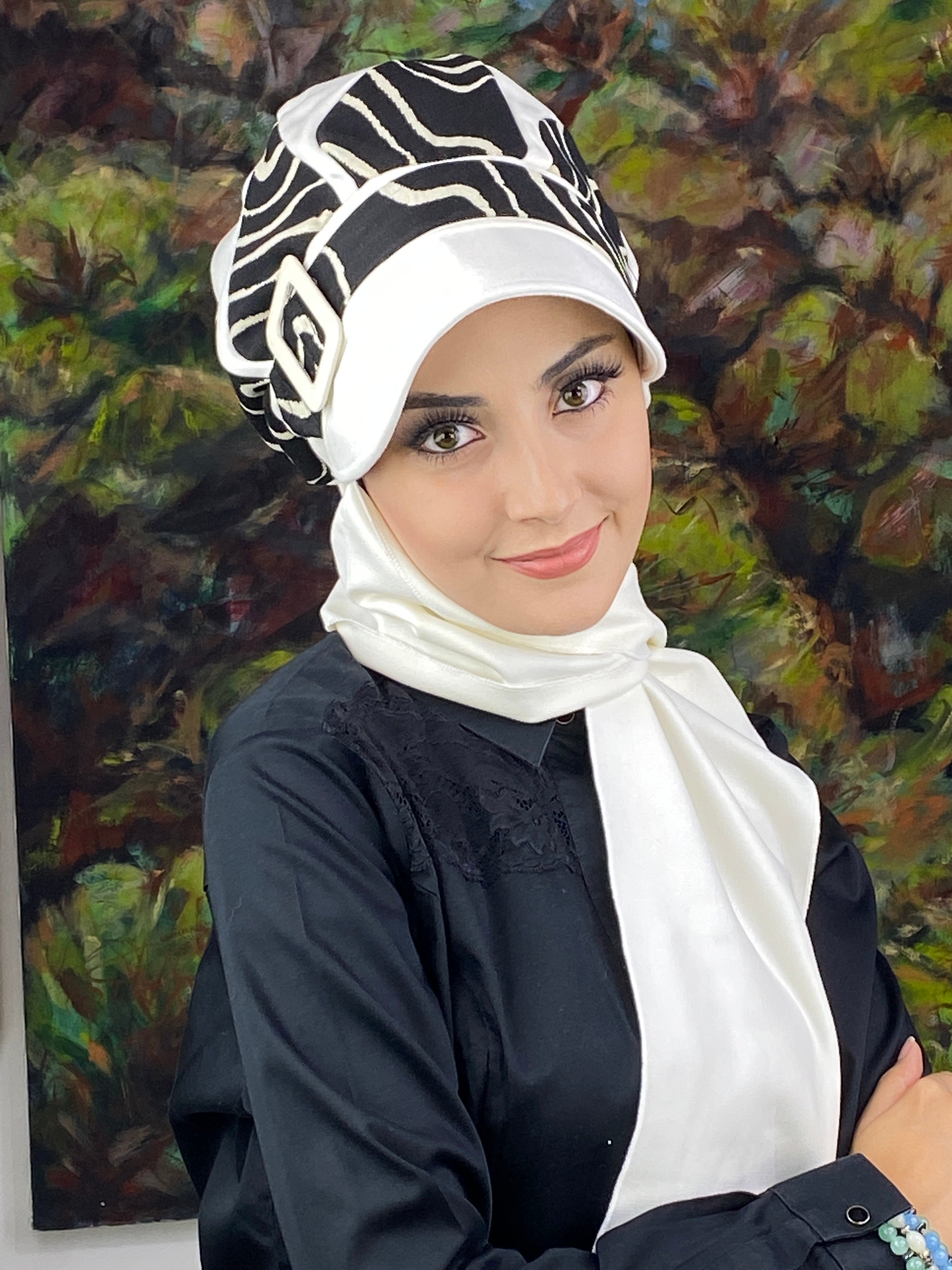 Damla Model İri Zebra Desenli Tesettür Şapka Şal - beyaz