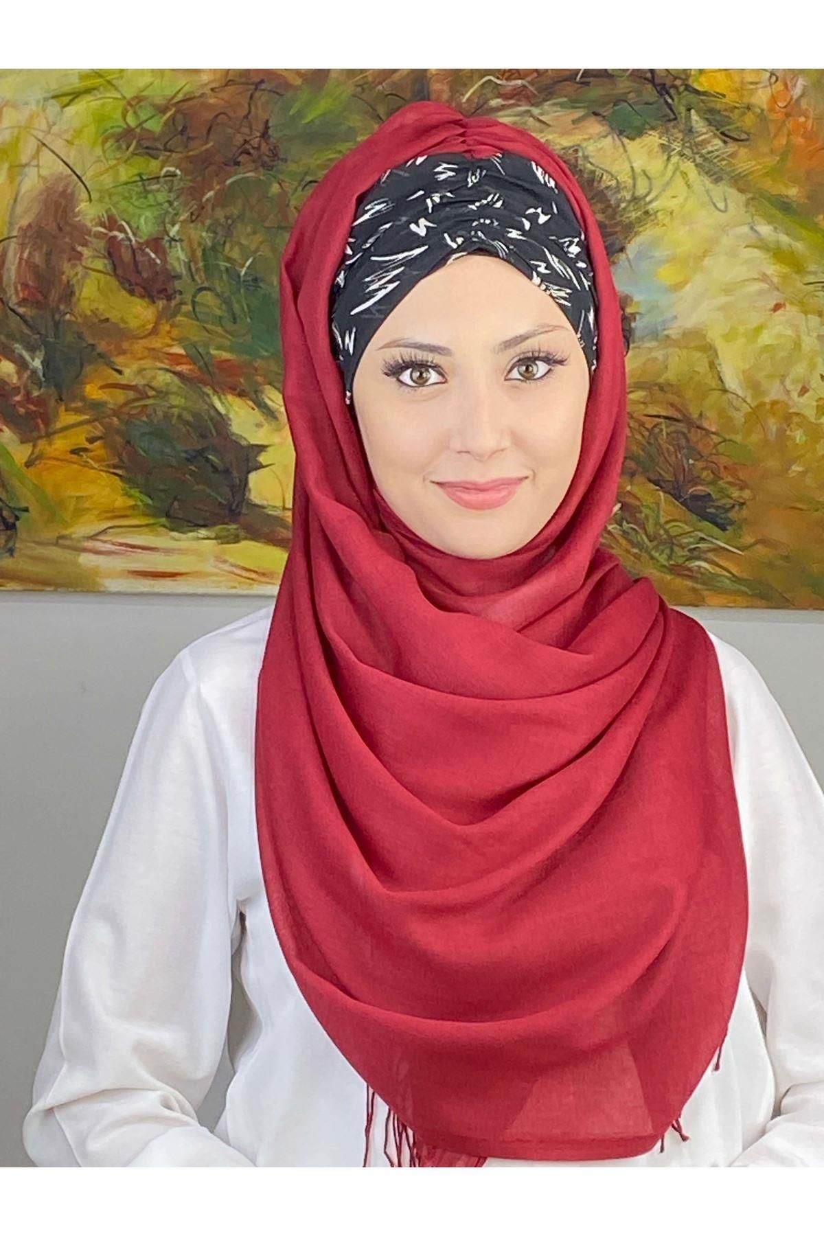 Siyah Beyaz Desenli Bordo Büzgülü Hazır Şal