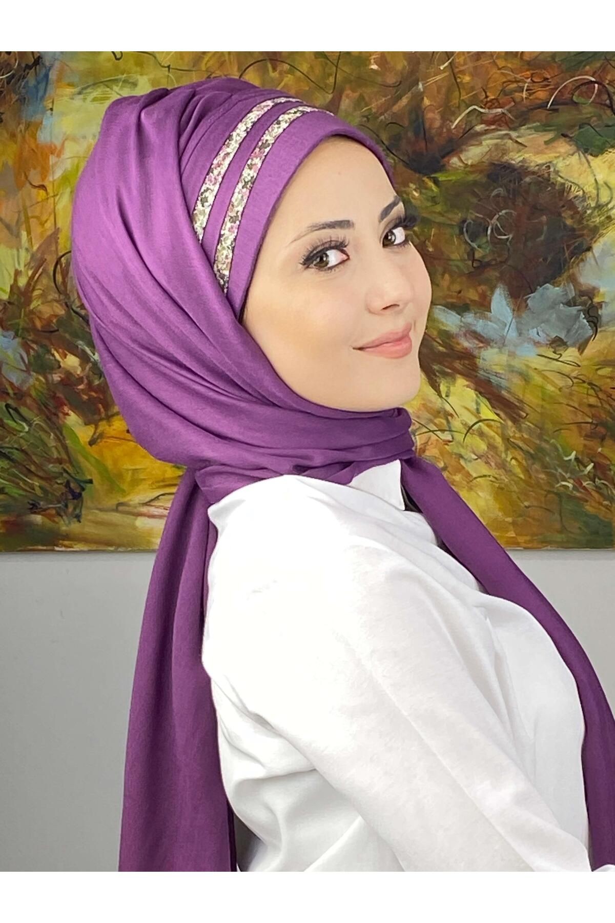 Saray Model Yan Drapeli Şifon Şeritli Desen Hazır Şal
