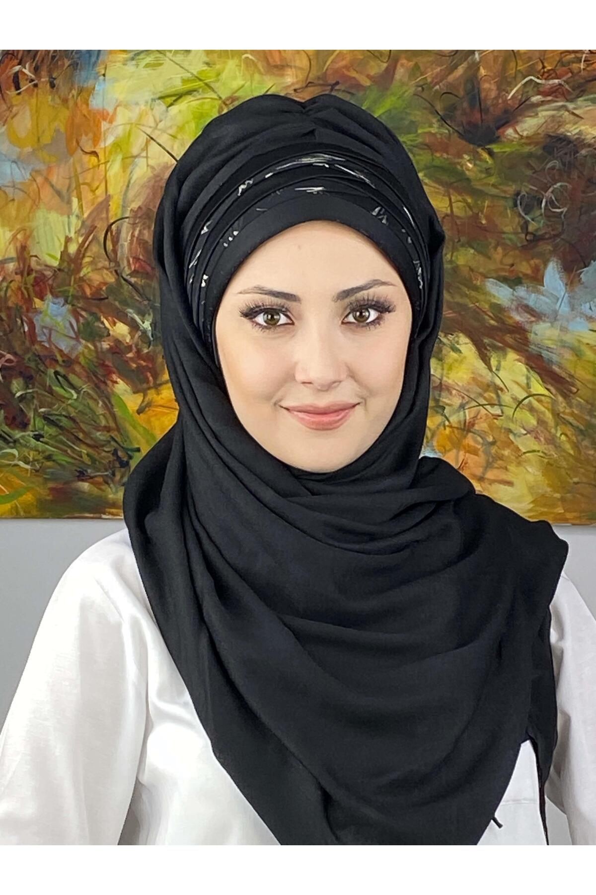 Topkapı Model Çapraz Drapeli Şifon Şeritli Desen Hazır Şal