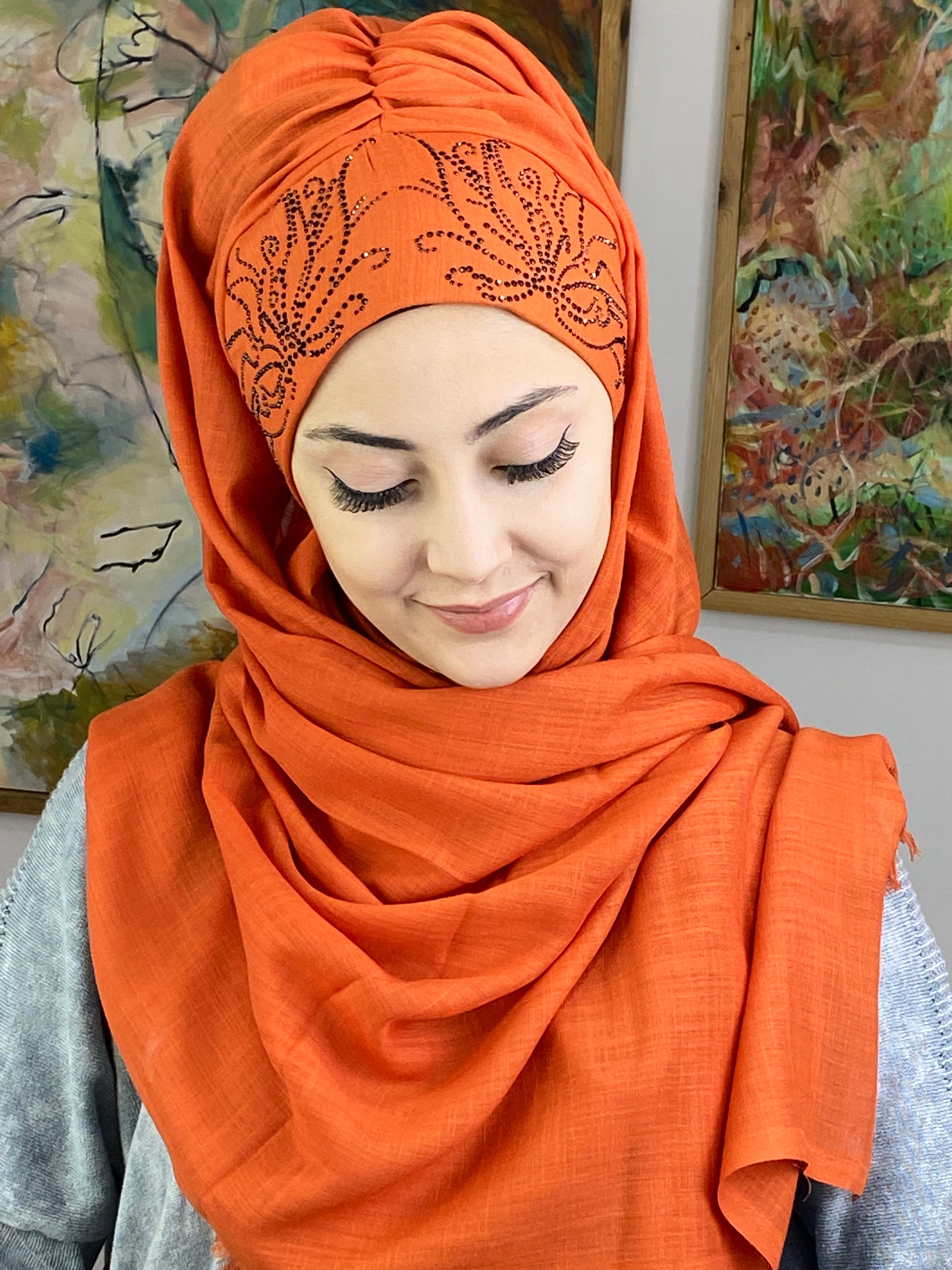 Yaprak Taşlı Model Büzgülü Şal - turuncu-
