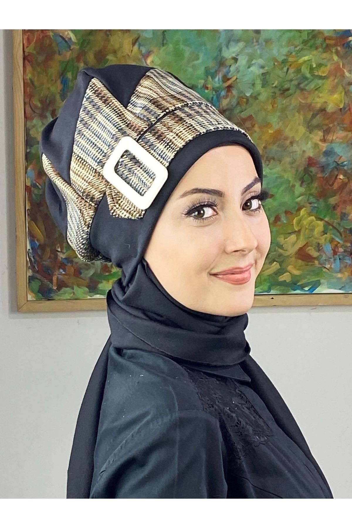 Çarkıfelek Siyah İri Ekose Desenli Atkılı Tesettür Bere