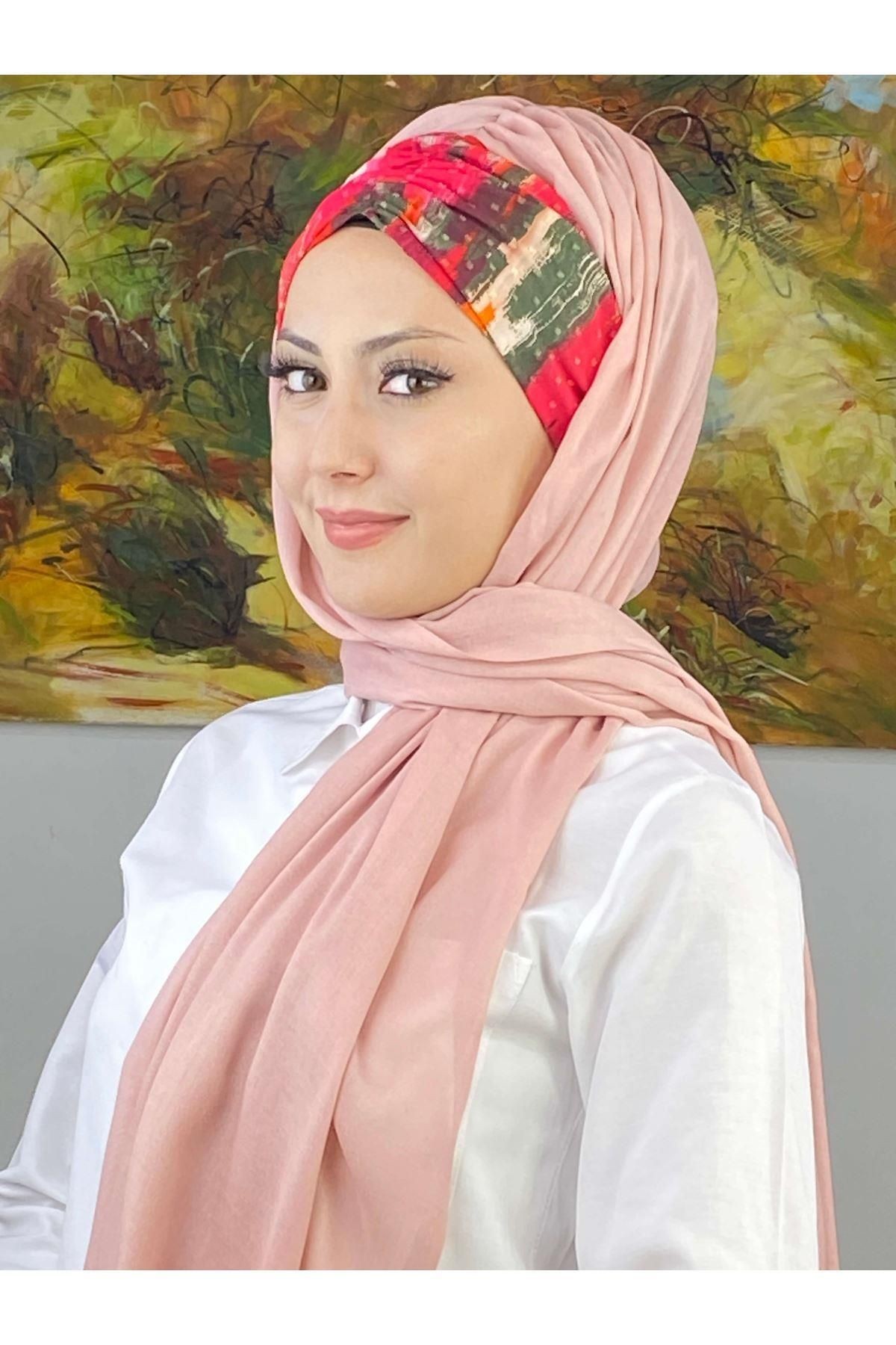 Çok Renkli Retro Desenli Açık Gül Kurusu Büzgülü Hazır Şal