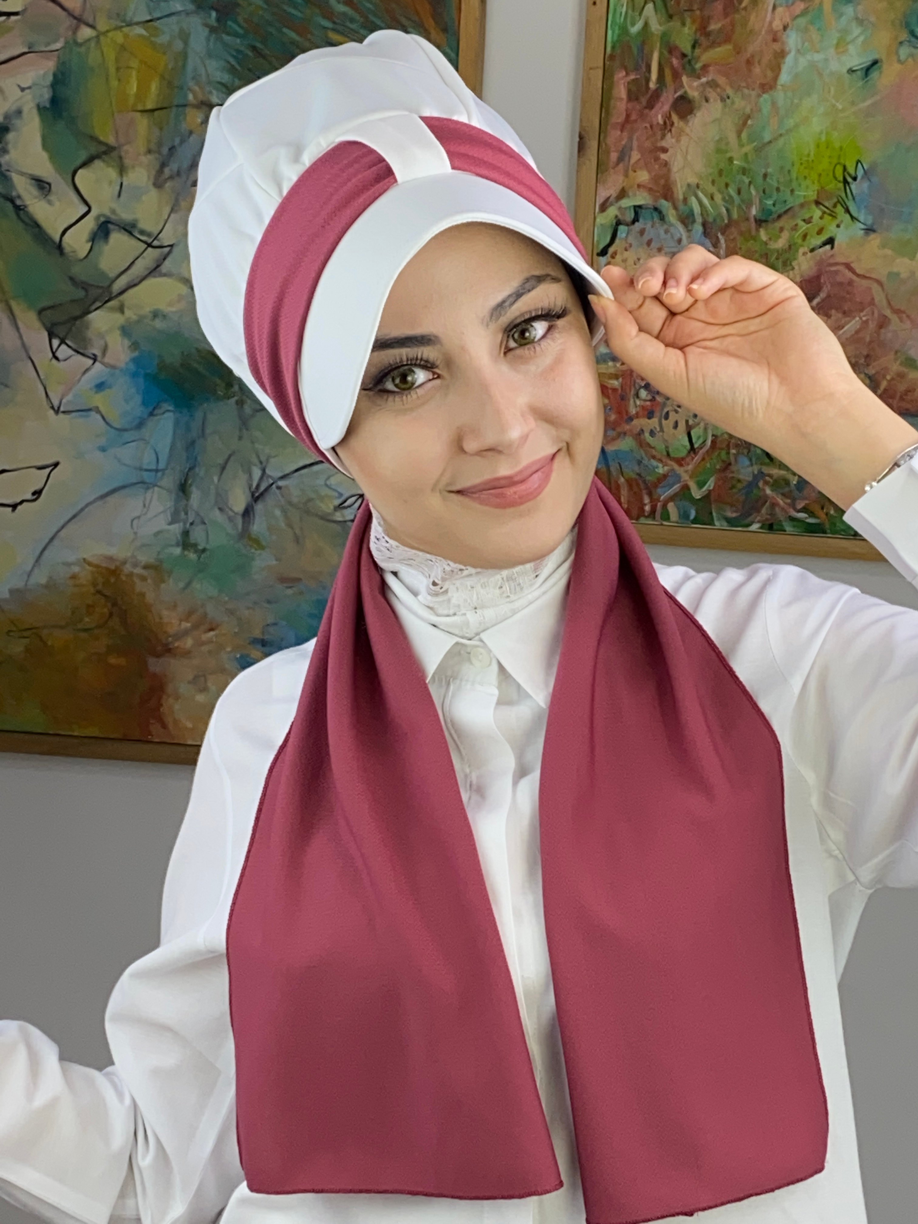 Tek Biritli Atkılı Şapka - beyaz - açık vişne